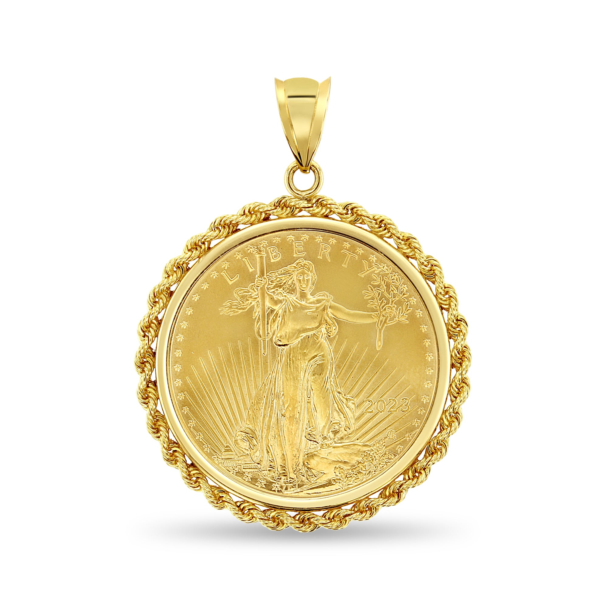 1OZ Fine Gold Lady Liberty Medallion Necklace Rope Halo