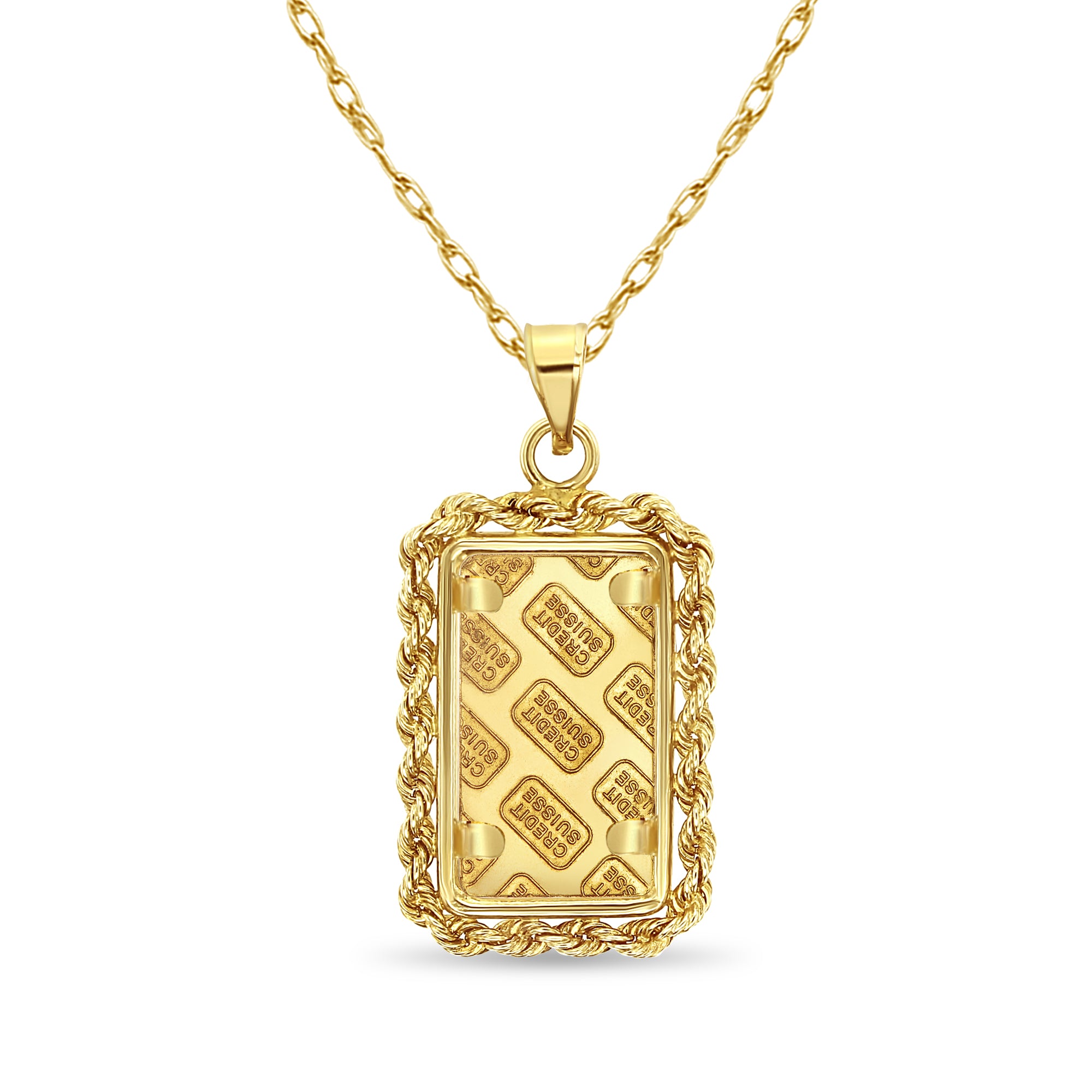 2.5 Gram Credit Suisse Gold Bar with 3MM Rope Bezel Necklace