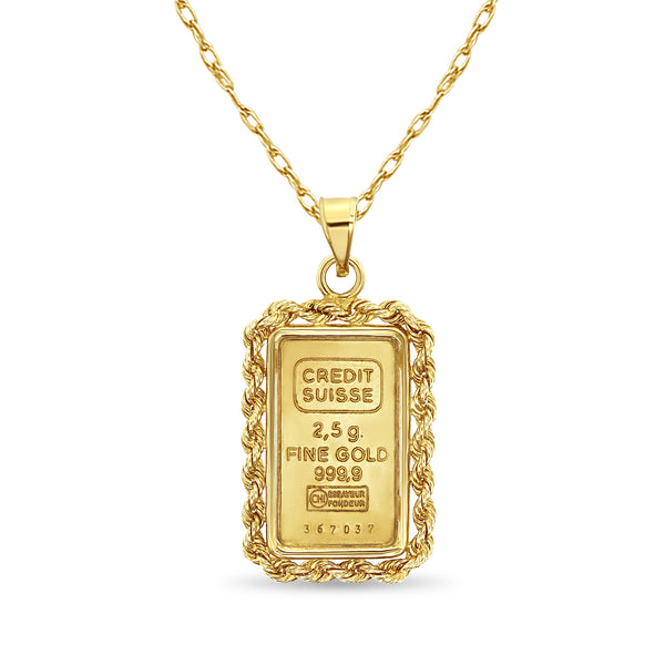 2.5 Gram Credit Suisse Gold Bar with 3MM Rope Bezel Necklace