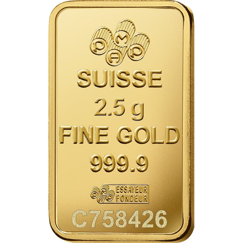 2.5 Gram Credit Suisse Gold Bar with Polished Bezel