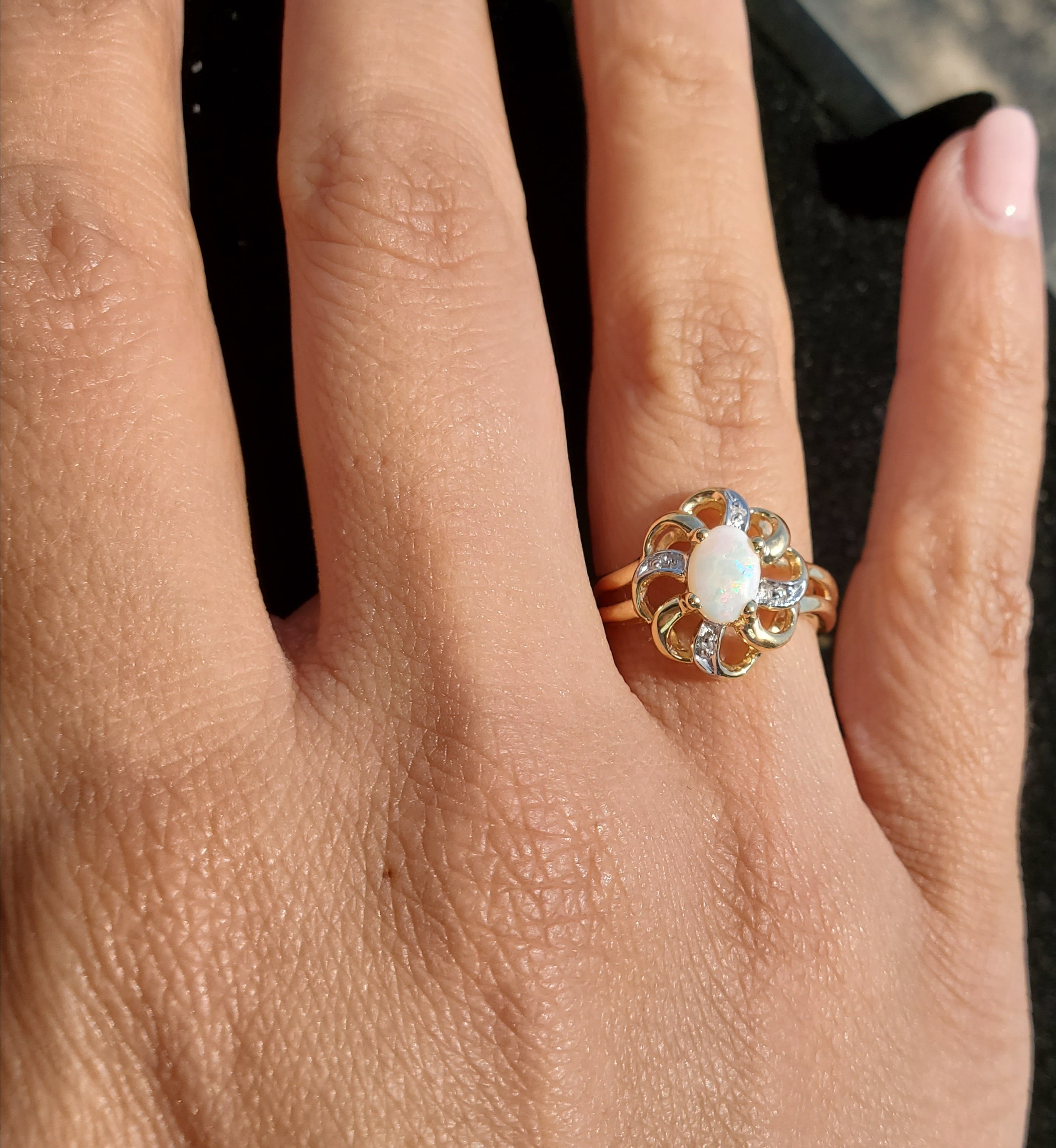 Oval Opal Solitaire Diamond Ring 10k Yellow Gold