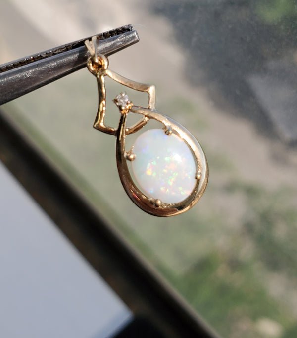 Large Oval Opal Necklace with Diamond Accent 14k Yellow Gold