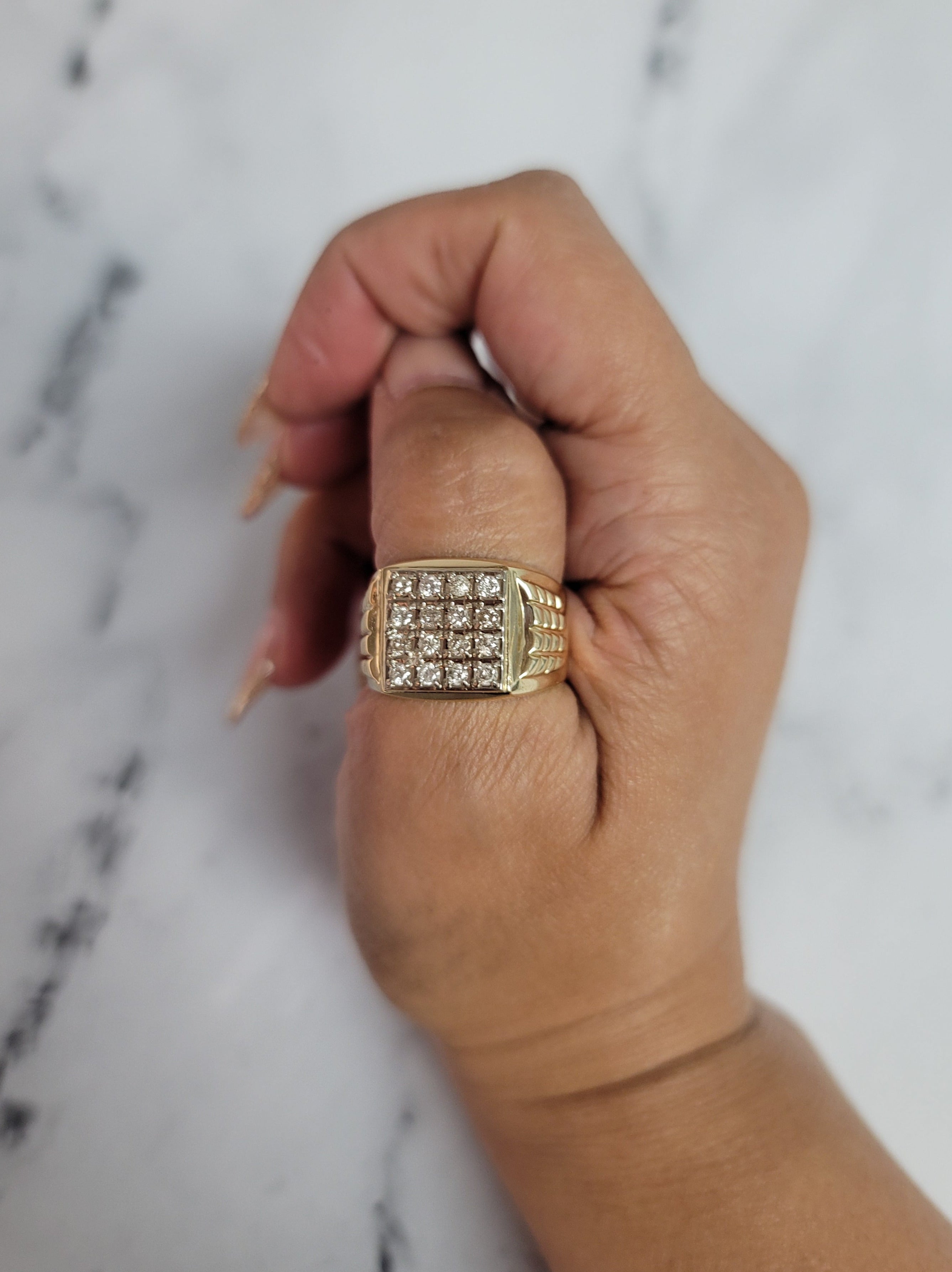 Sixteen Stone Square Faced Diamond Cluster Ring with Brick Patterned Band