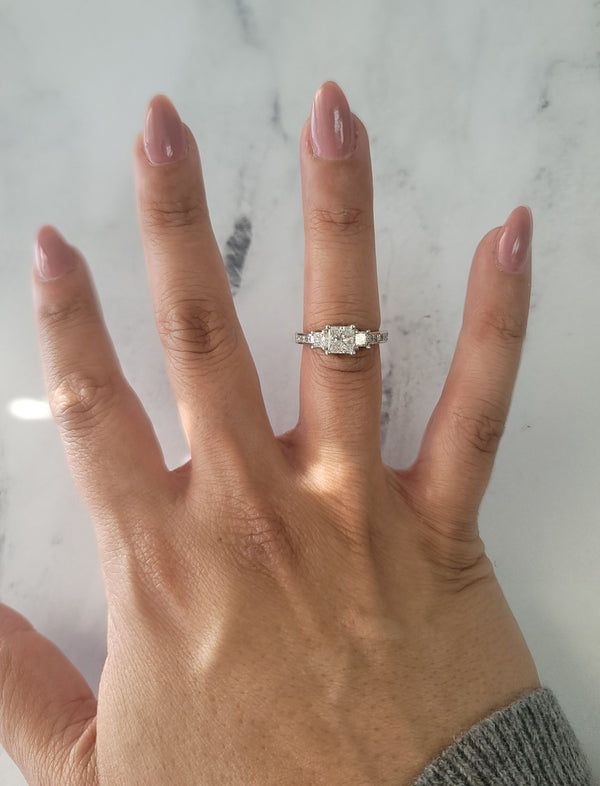 Princess Cut Three-Stone Diamond Ring with Diamond Accents 1.31cttw 14k White Gold