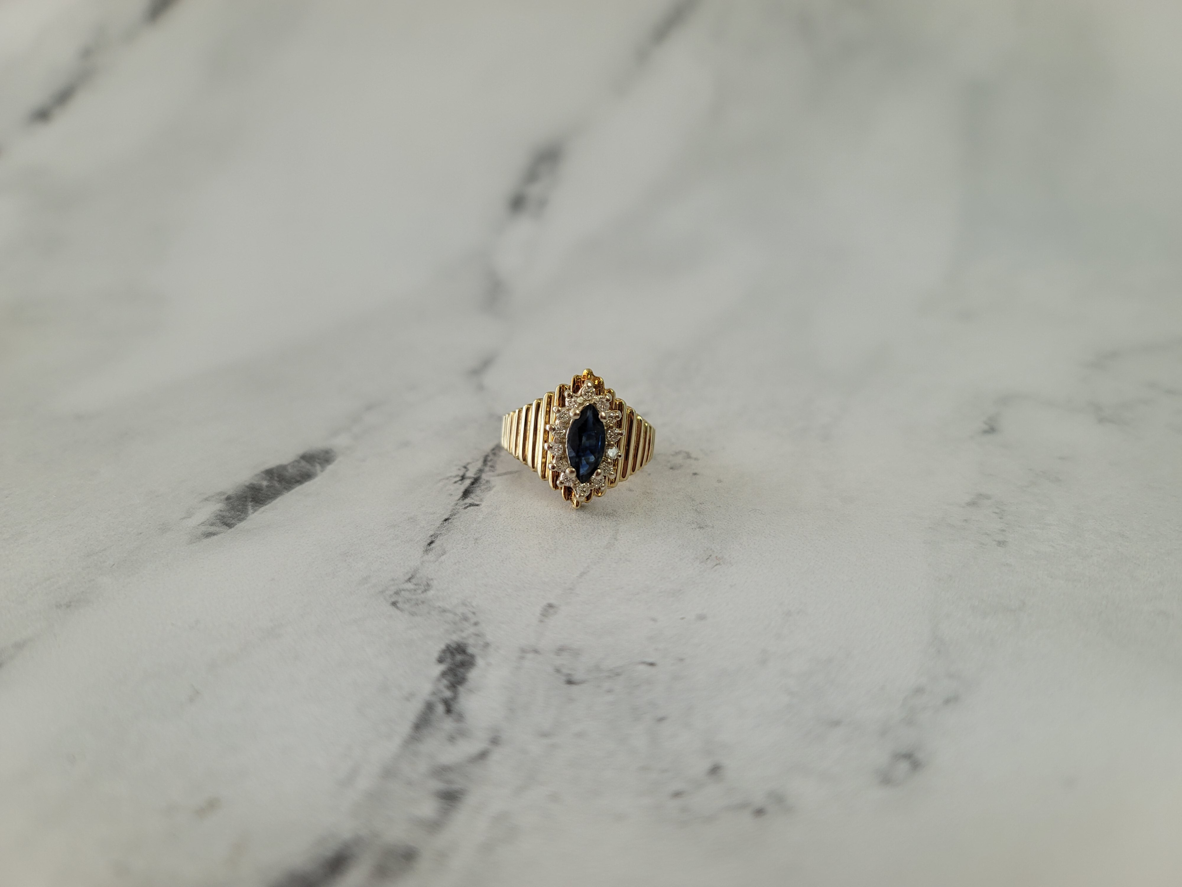 Marquise Sapphire with Diamond Halo on Unique Gold Band 14k Yellow Gold