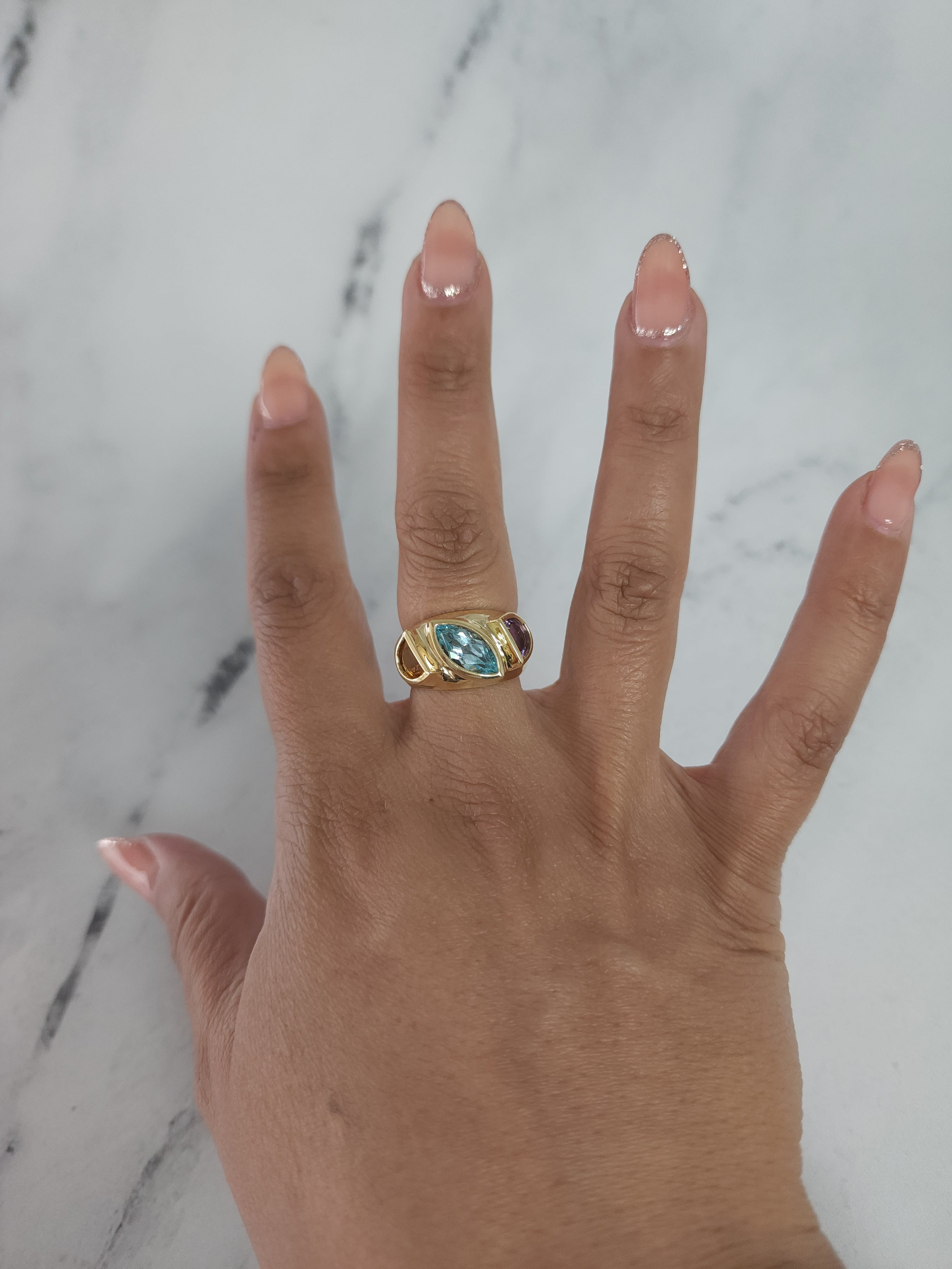 Bague multi-pierres de style vintage en aigue-marine, améthyste et citrine