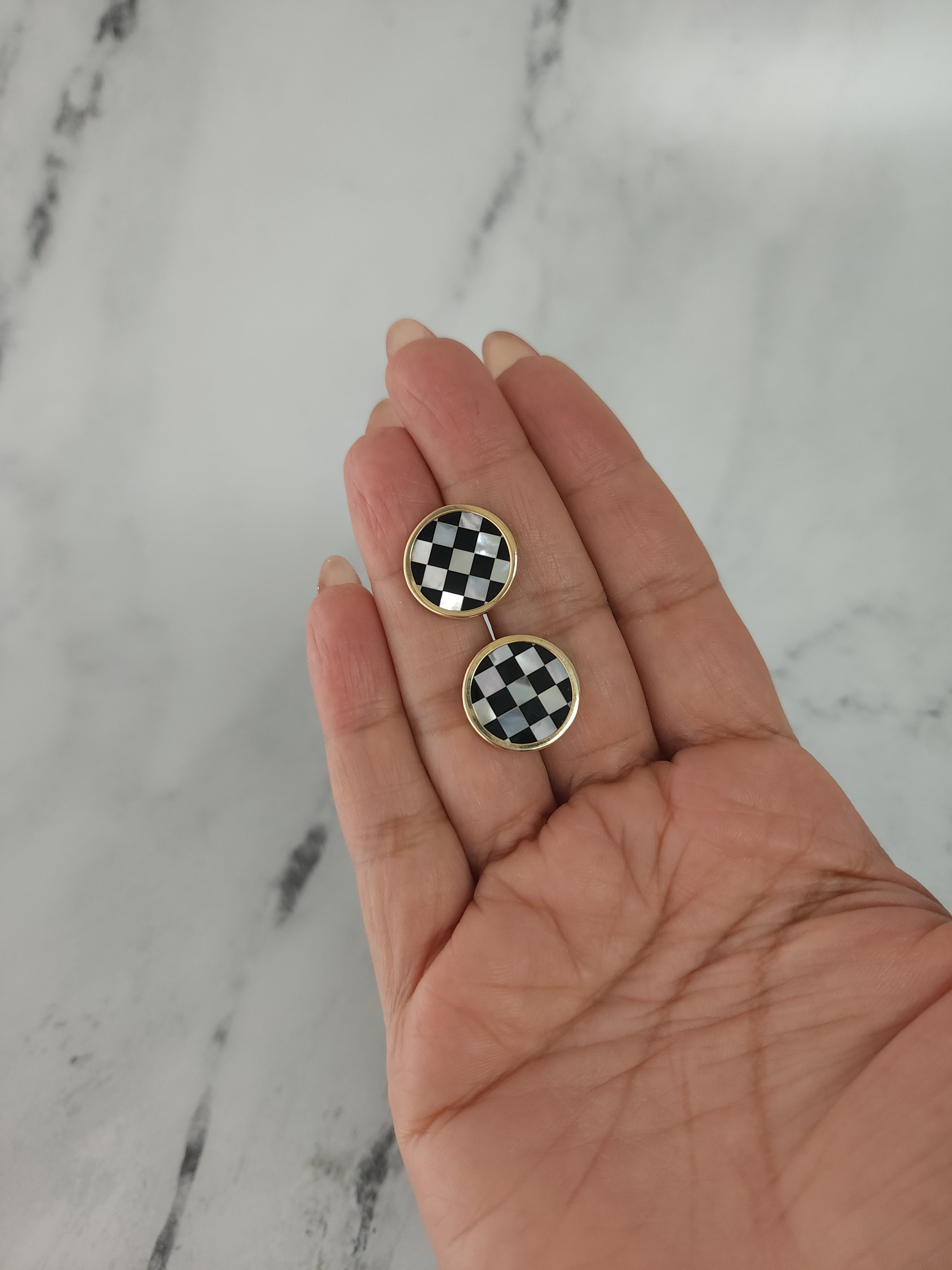 Checkered Mother of Pearl & Onyx Cuff Links with 14k Yellow Gold Bezel