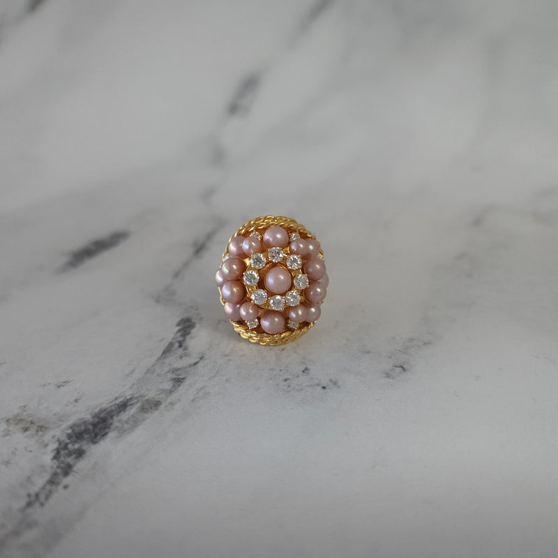 Pink Pearl & Diamond Triple Halo Cocktail Ring with Rope Design