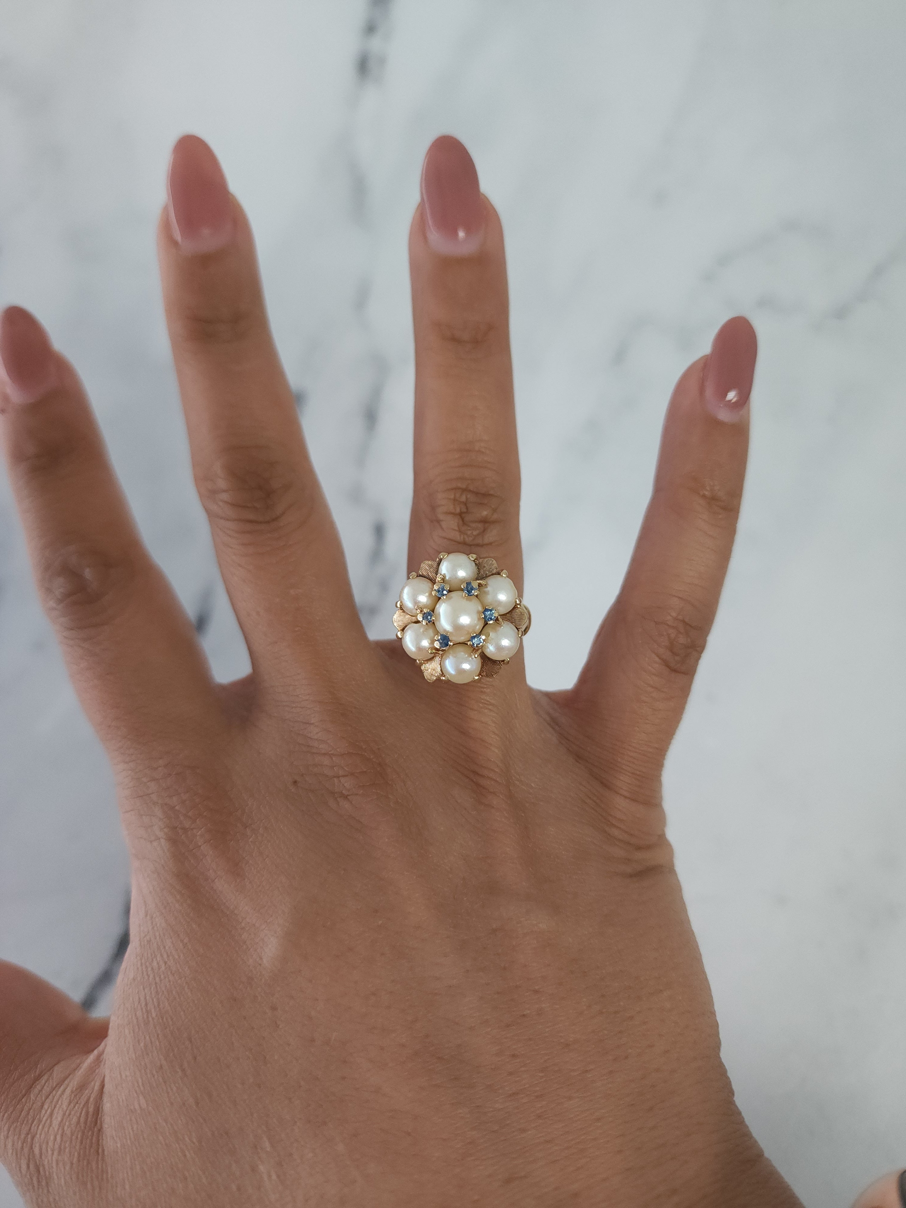 Vintage Freshwater Pearl Cluster Ring with Blue Topaz Accents