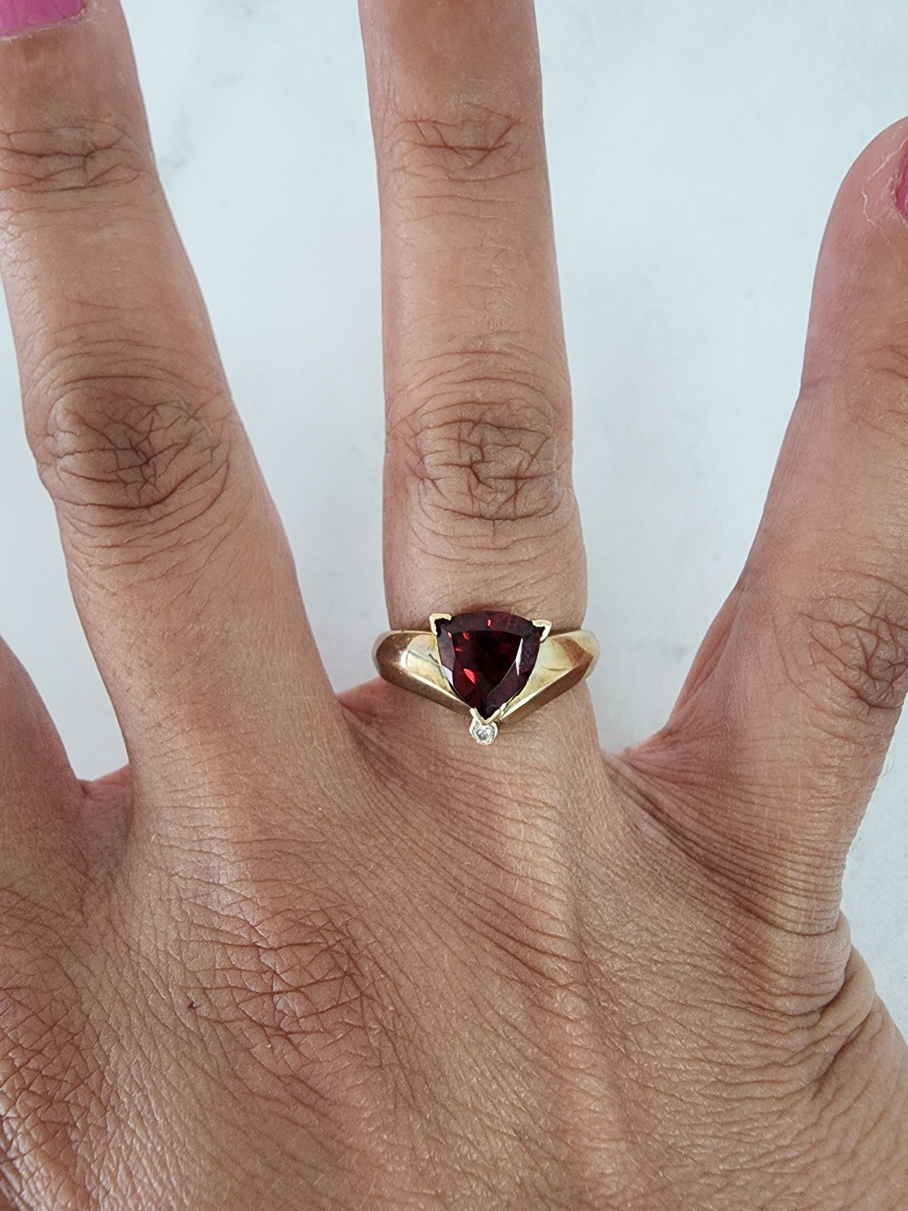 Trilliant Cut Garnet Ring  14k Yellow Gold