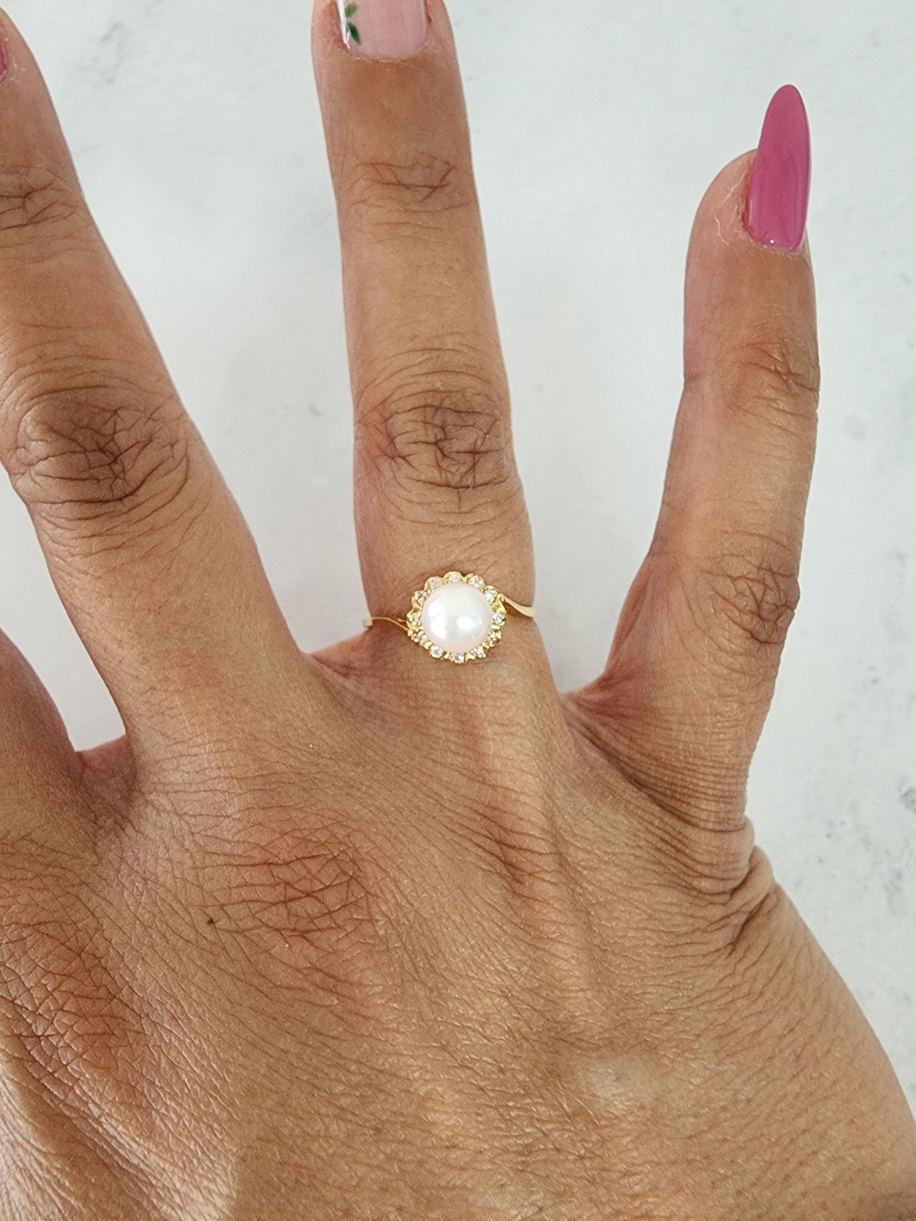 6MM Freshwater Pearl Diamond Halo Ring 14k Yellow Gold