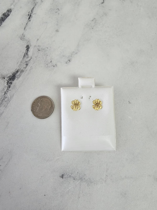 Dollar Sign Gold Studs with Diamond Cuts 14k Yellow Gold