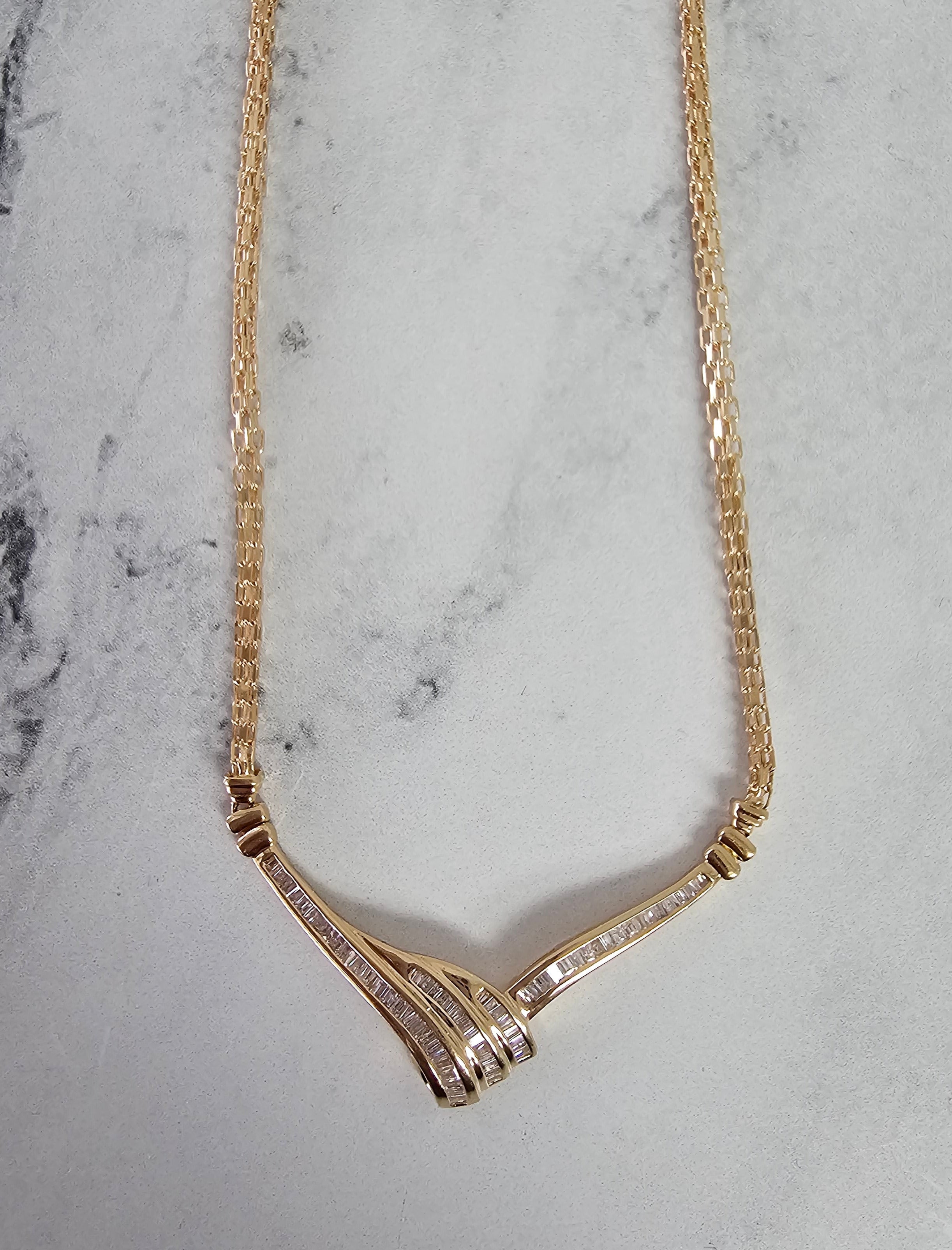 'V' Shaped Baguette Diamond Wheat Necklace