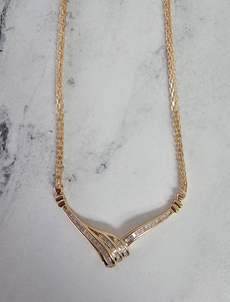 'V' Shaped Baguette Diamond Wheat Necklace .96cttw 14k Yellow Gold