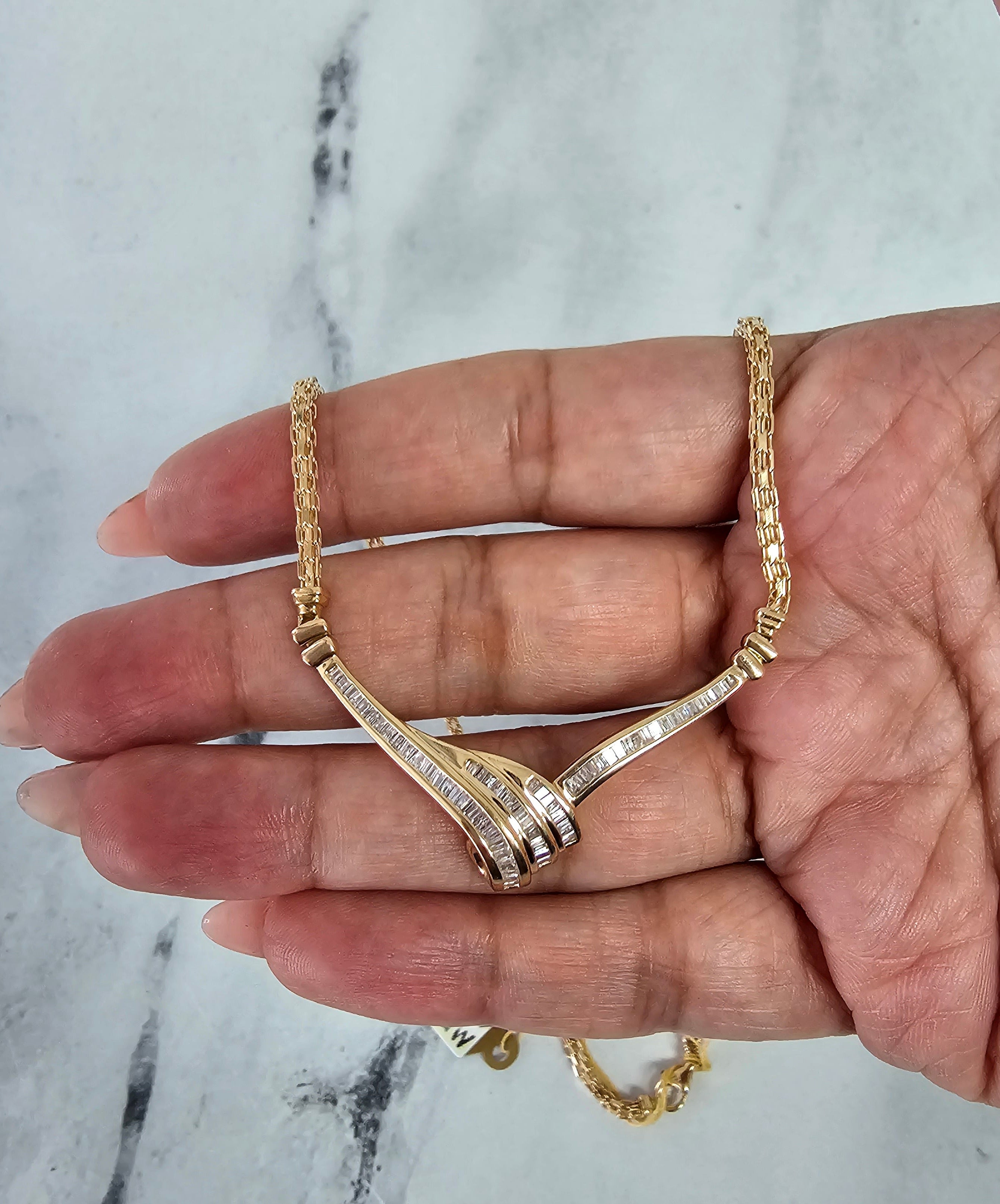 'V' Shaped Baguette Diamond Wheat Necklace