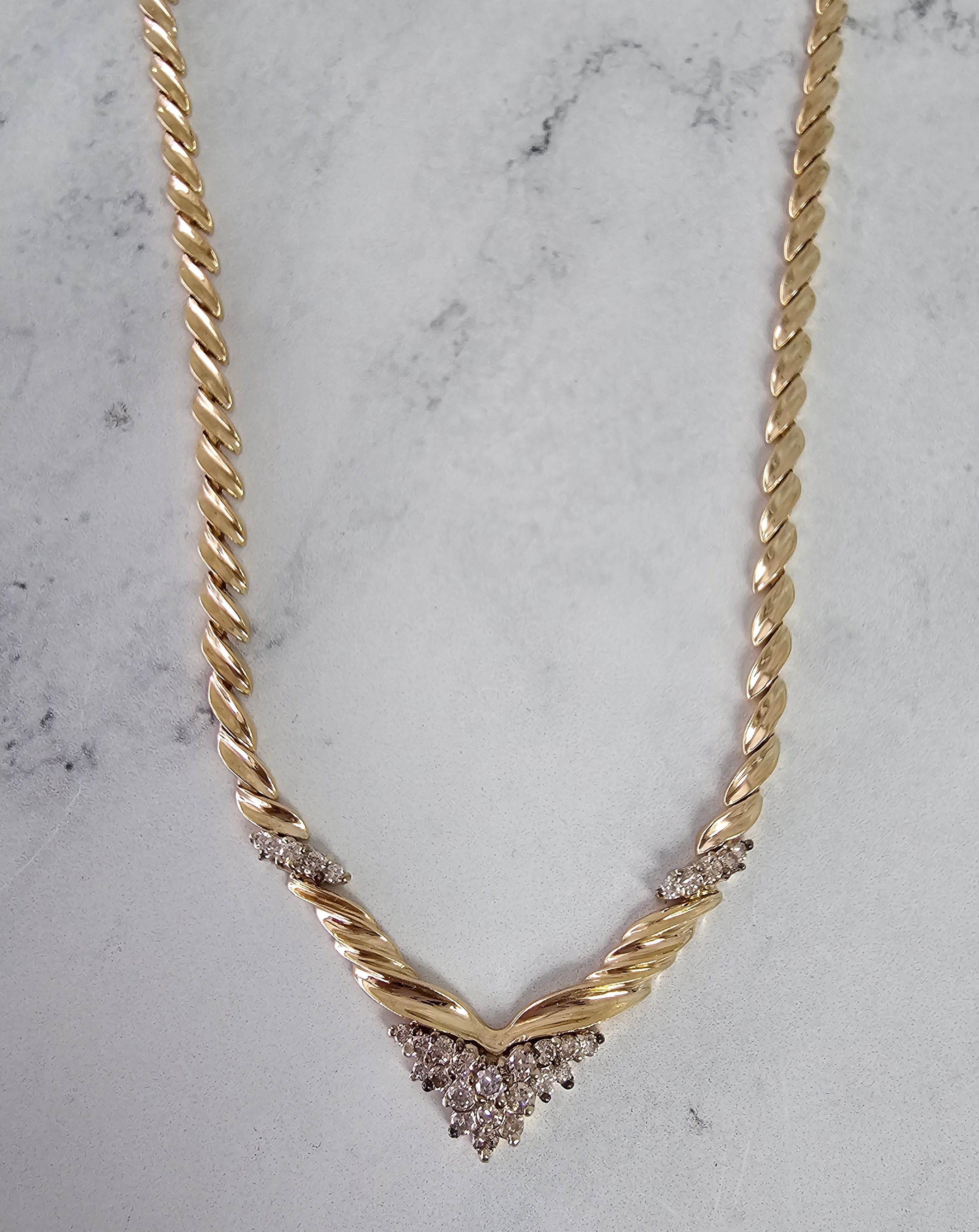 'V' Shaped Two-Toned Diamond Vintage Style Necklace