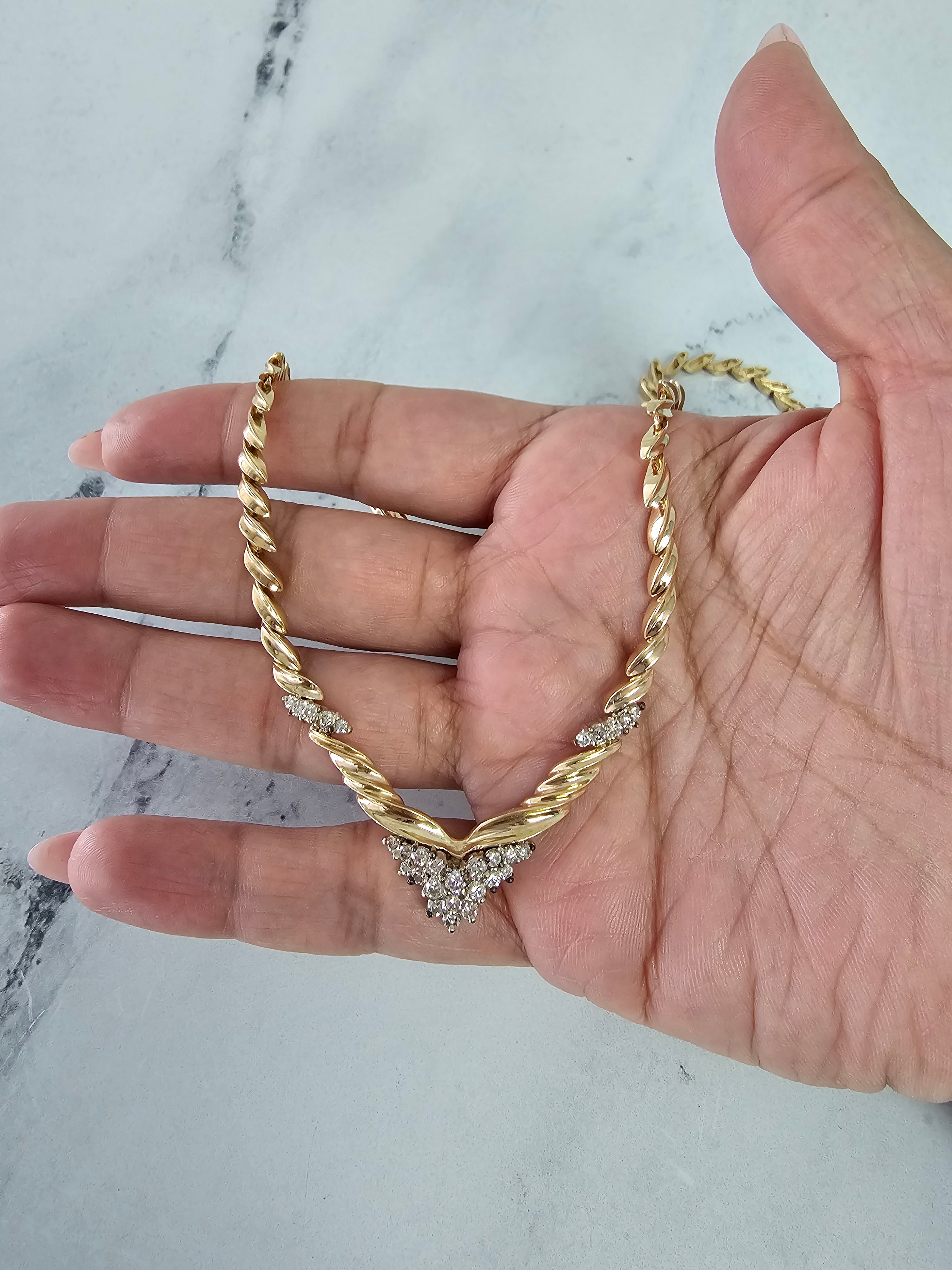 'V' Shaped Two-Toned Diamond Vintage Style Necklace