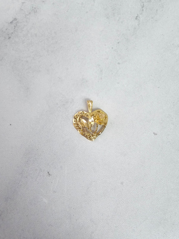 Heart Shaped Charm with Flowers In Center with Diamond Cuts 10k Yellow Gold