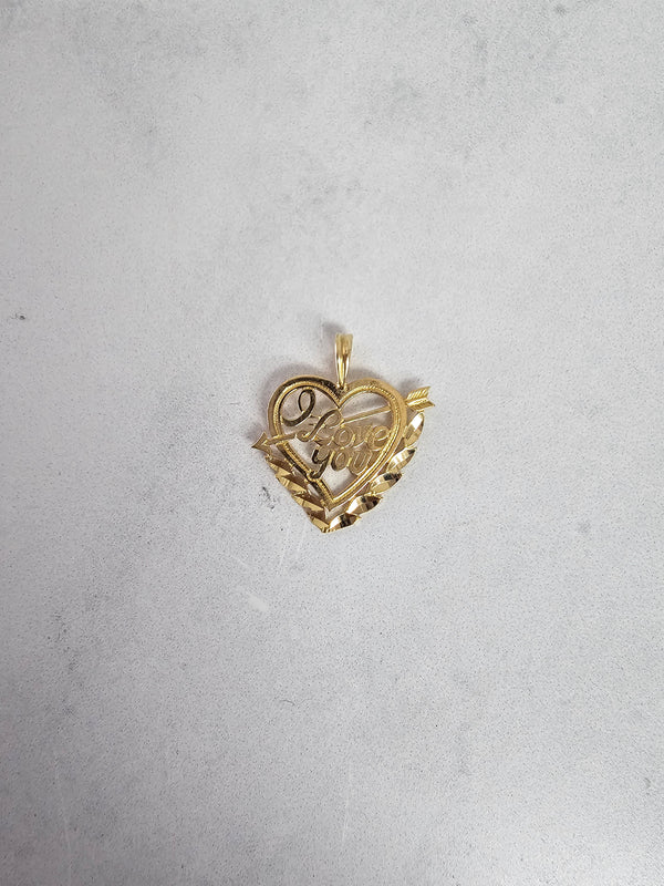 I Love You Shaped Heart with Arrow with Diamond Cuts 14k Yellow Gold