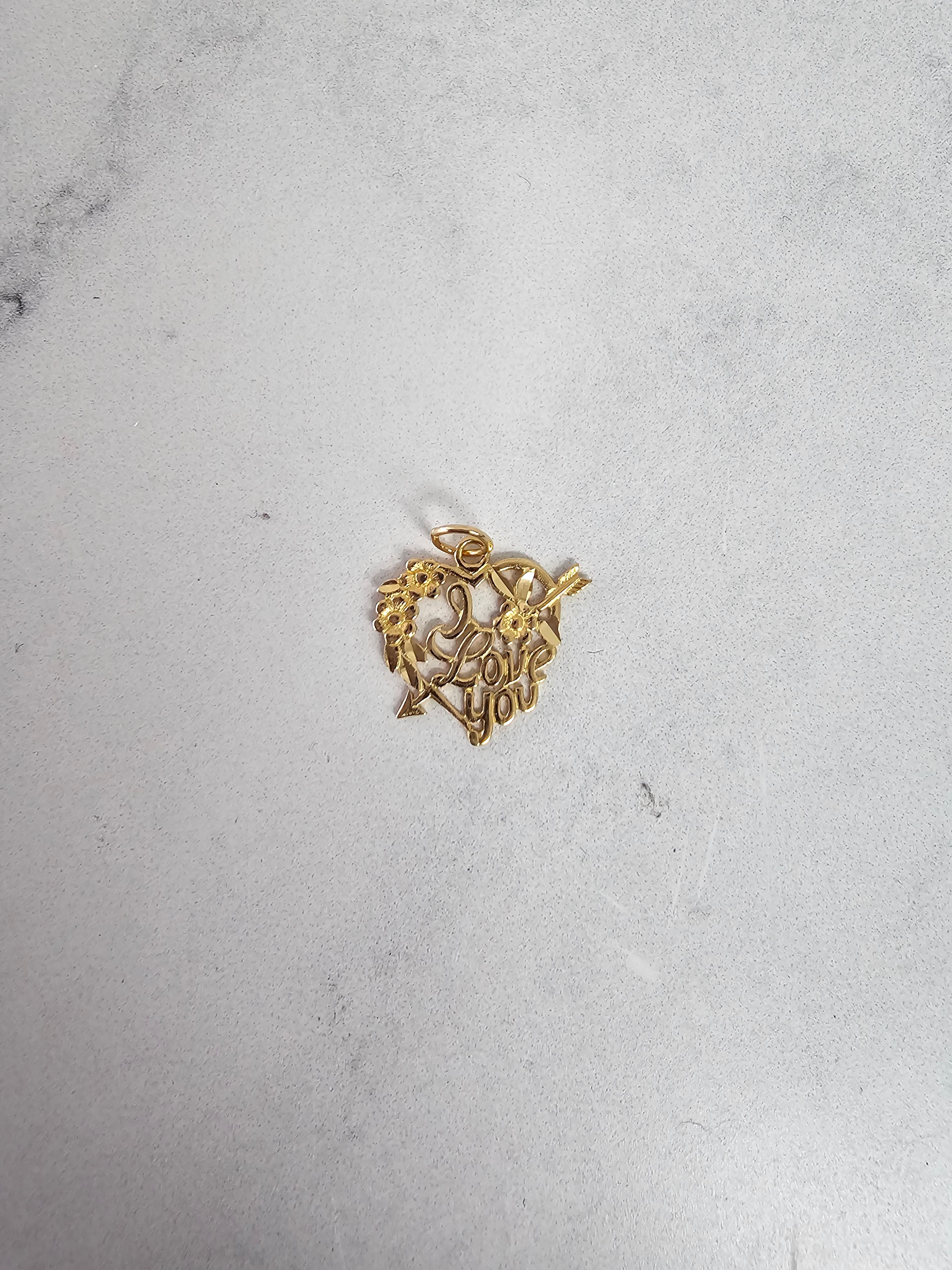 "I Love You' in Heart with Arrow & Flowers with Diamond Cuts 14k Yellow Gold