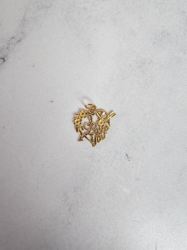 "I Love You' in Heart with Arrow & Flowers with Diamond Cuts 14k Yellow Gold