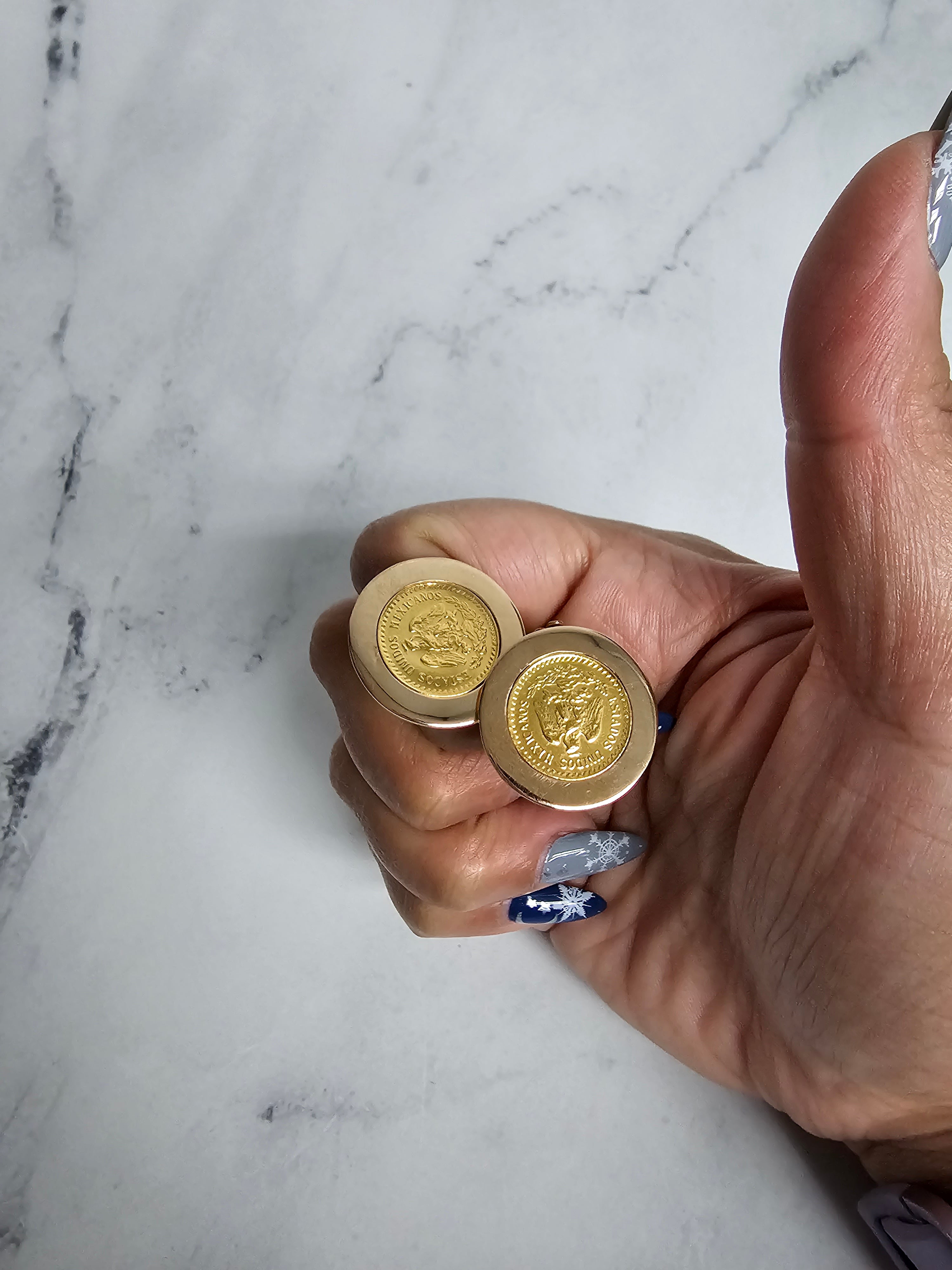 1945 Dos Y Medio Coin Clip On Earrings with Polished Bezel Frame 14k Yellow Gold