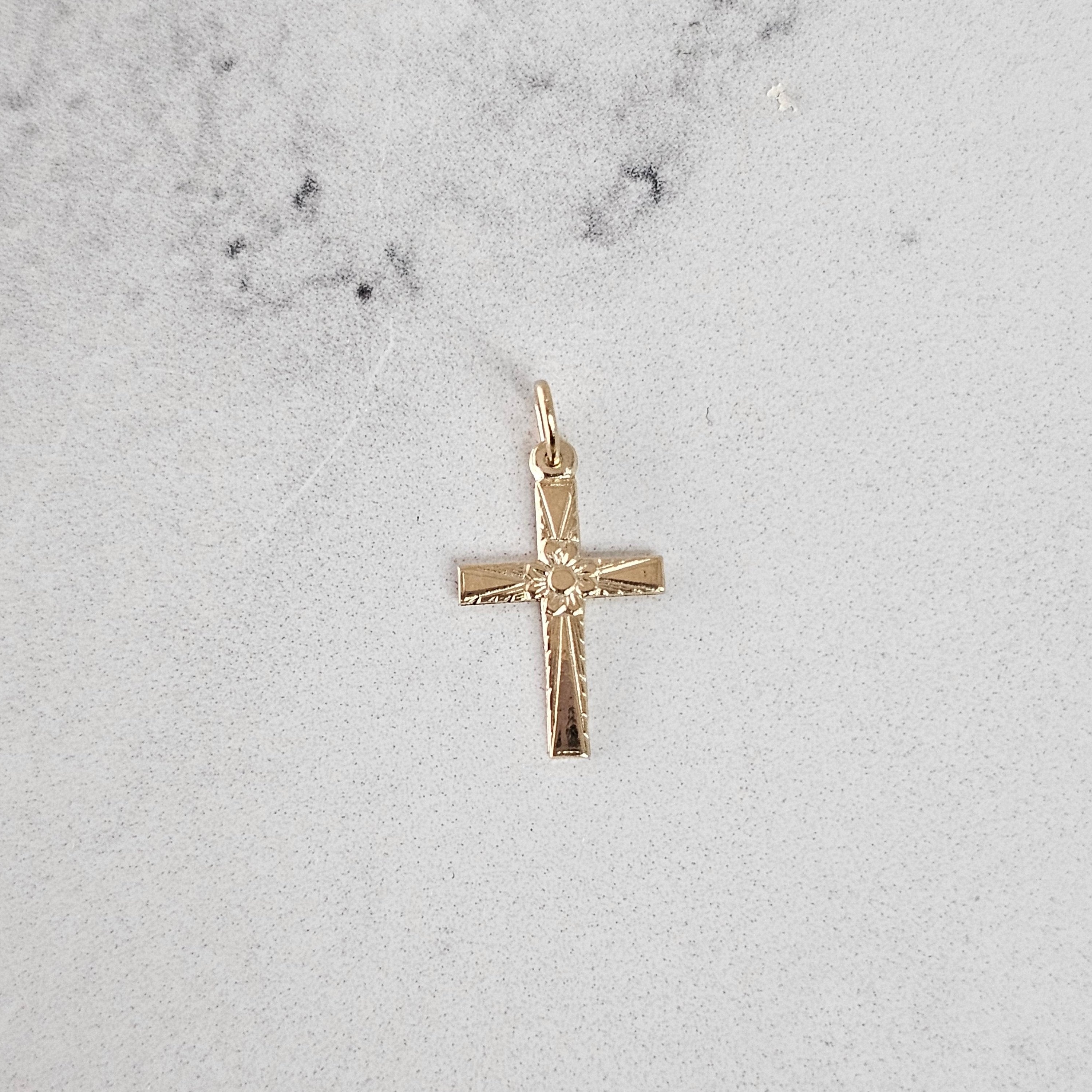 Vintage Style Cross with Flower Design in Center 14k Yellow Gold