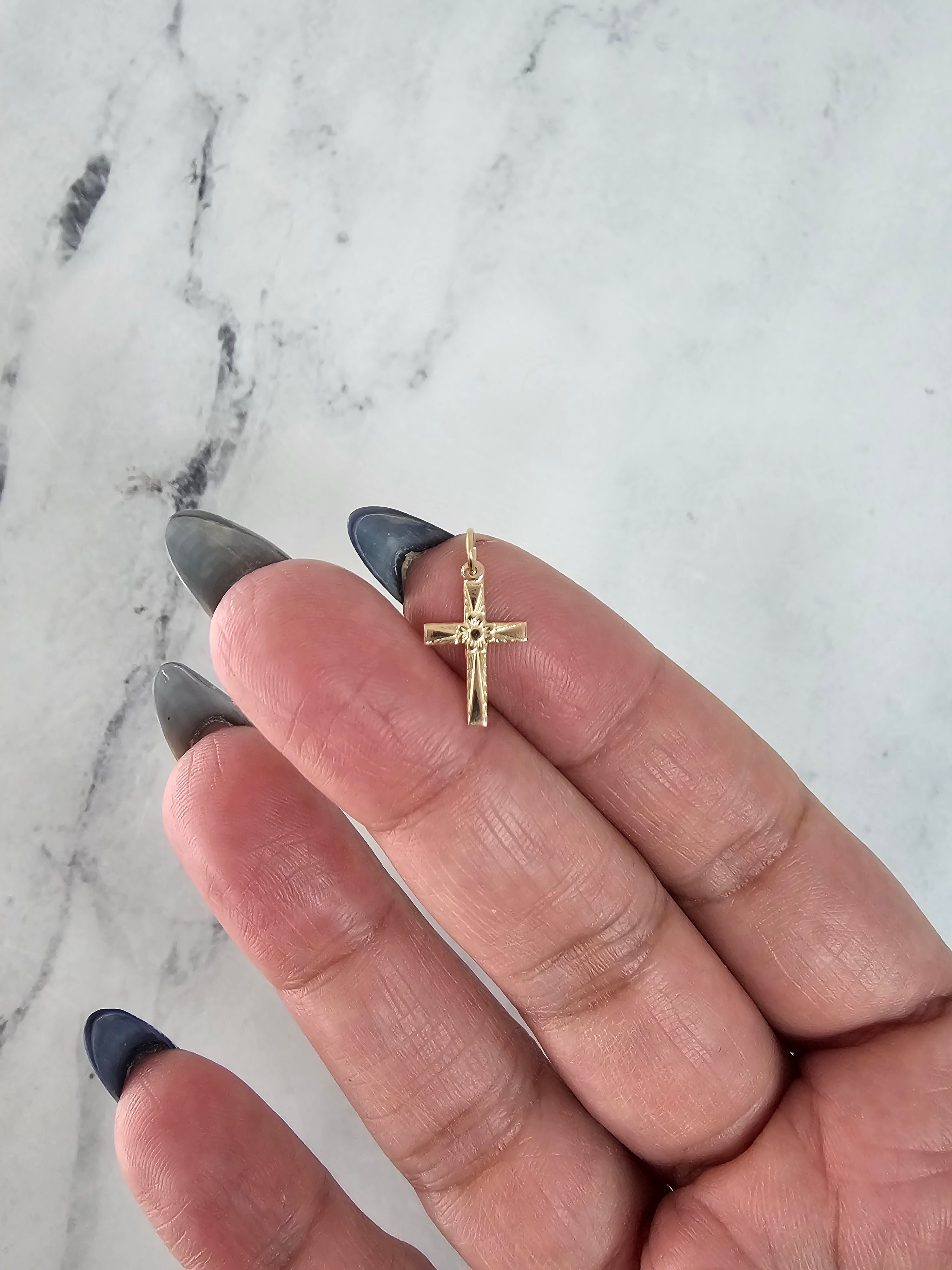 Vintage Style Cross with Flower Design in Center 14k Yellow Gold