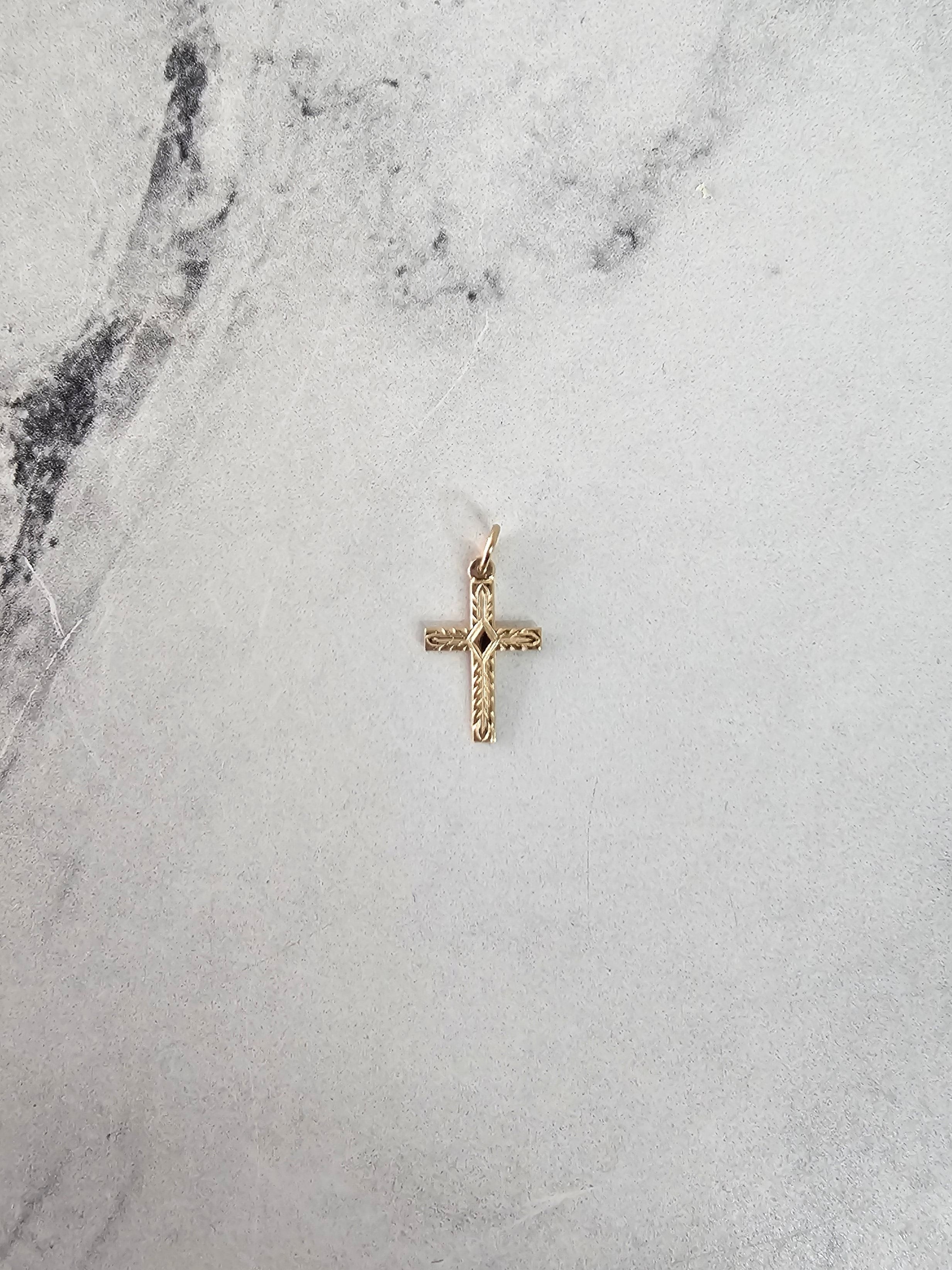 Vintage Style Cross with Diamond Design in Center 14k Yellow Gold