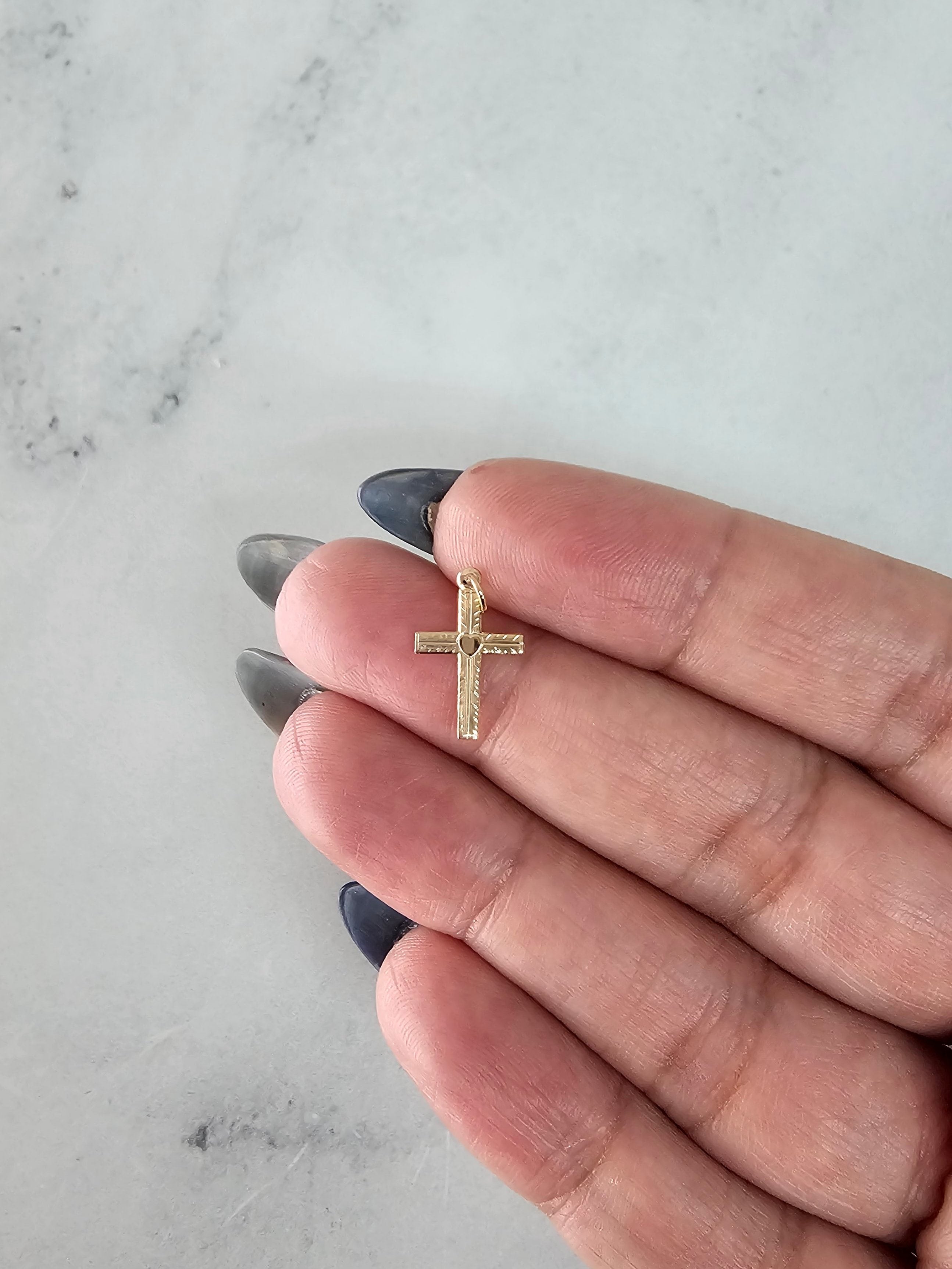 Dainty Gold Cross with Heart Design in Center 14k Yellow Gold