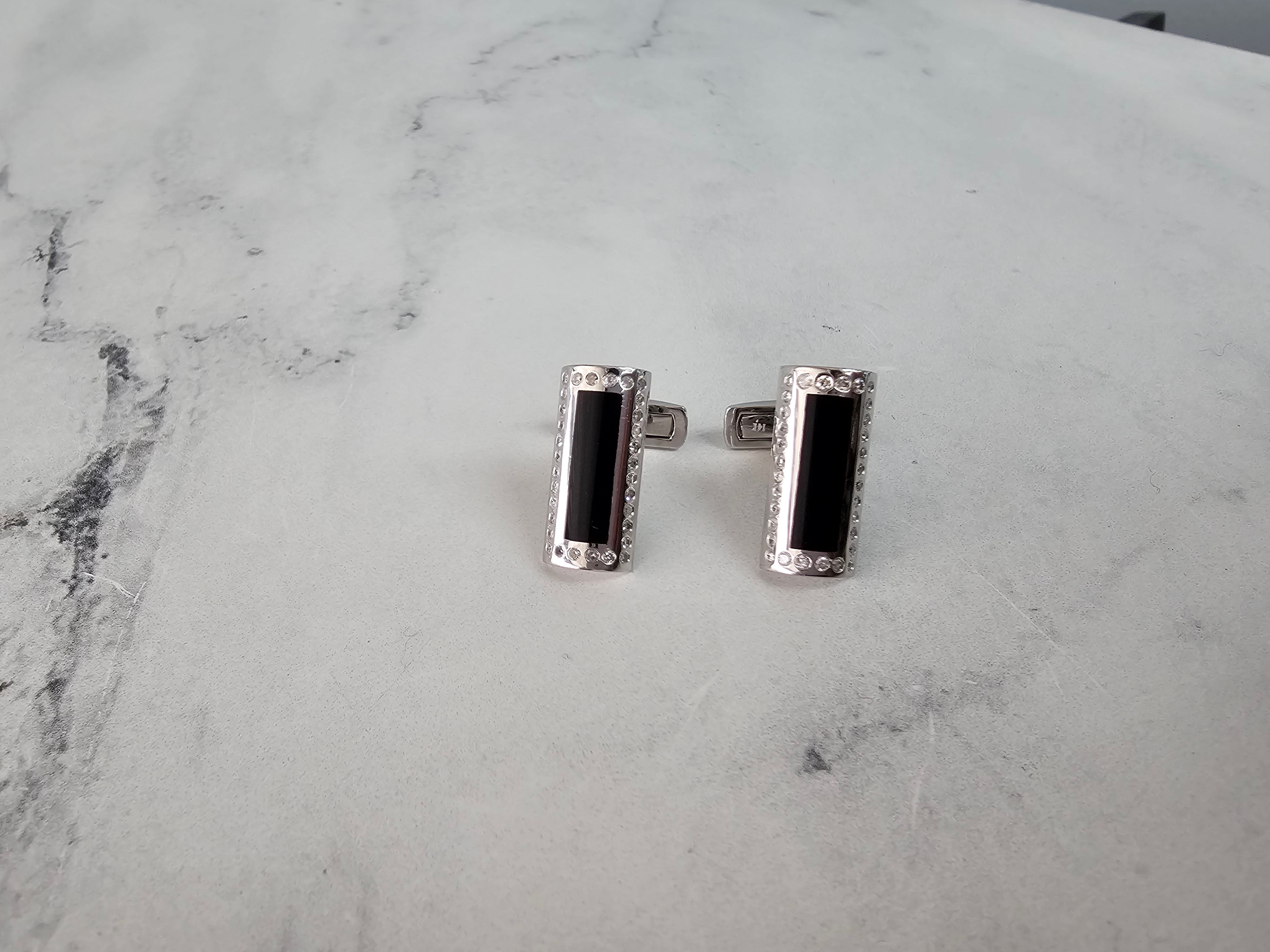 Rectangular Onyx & Diamond Cuff Links 14k White Gold