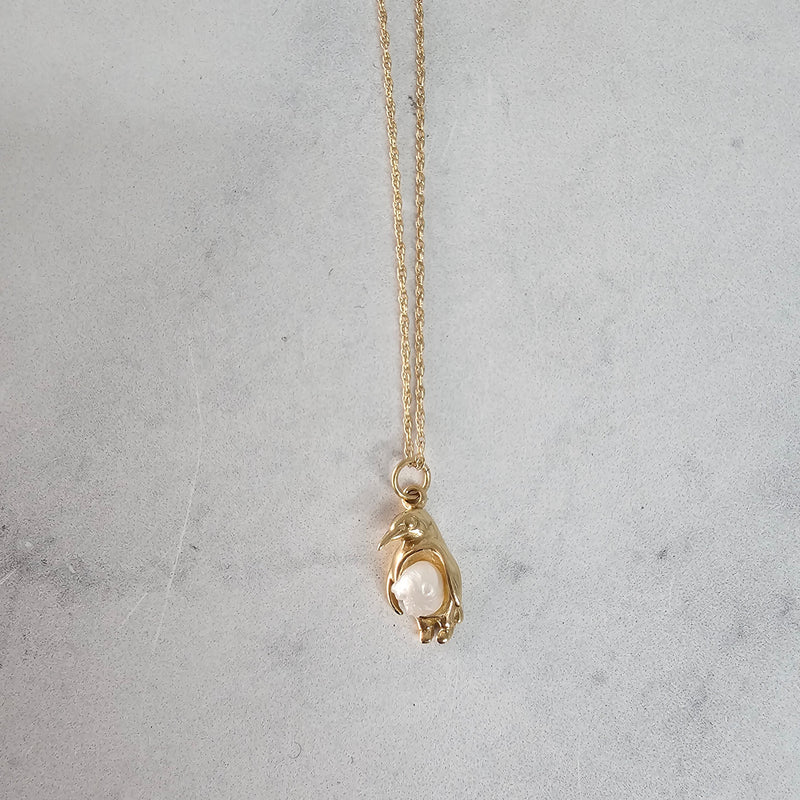 Penguin Necklace with Rice Pearl Center 14k Yellow Gold