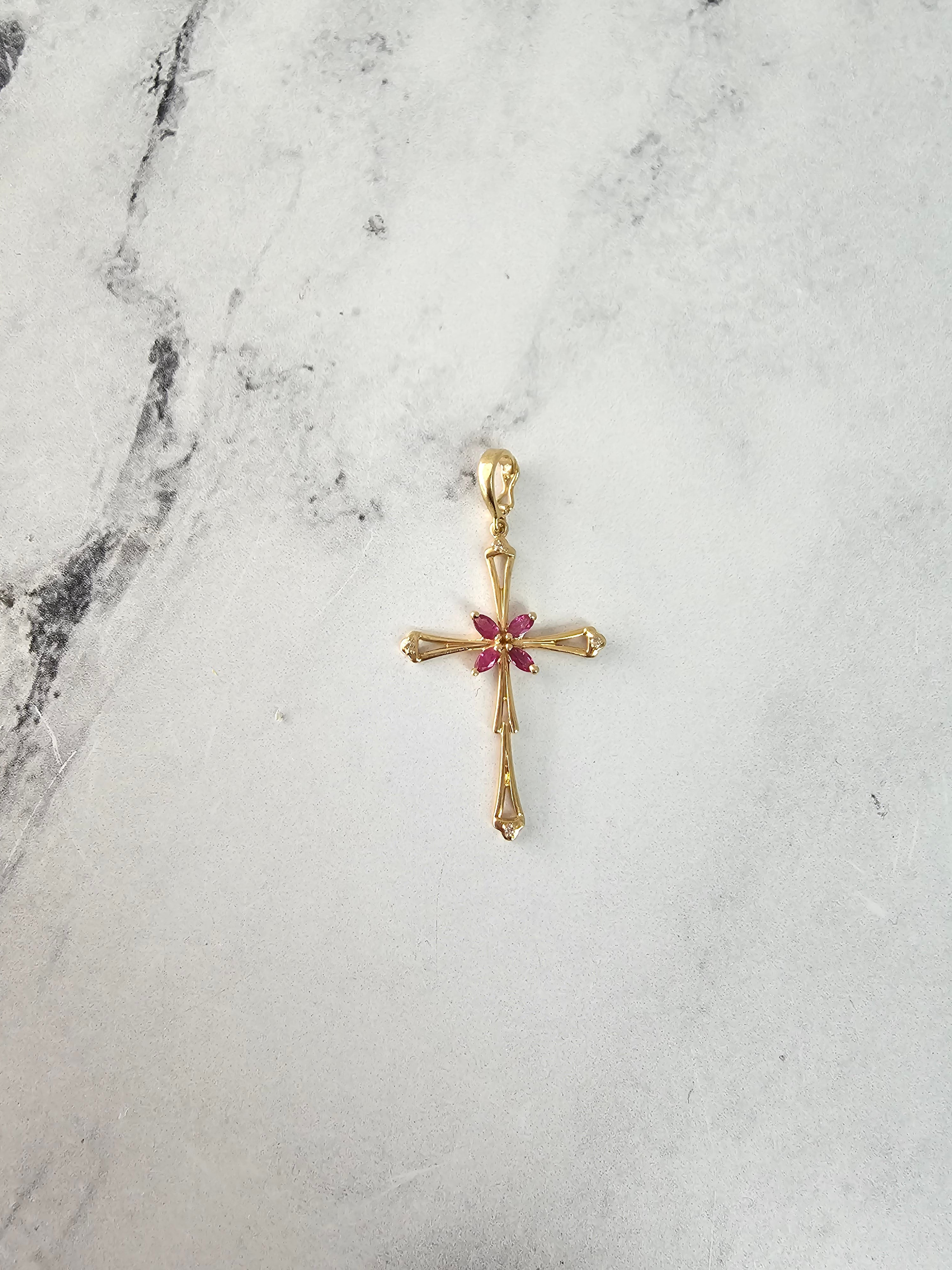 Vintage Marquise Ruby Cross with Diamond accents 14k Yellow Gold