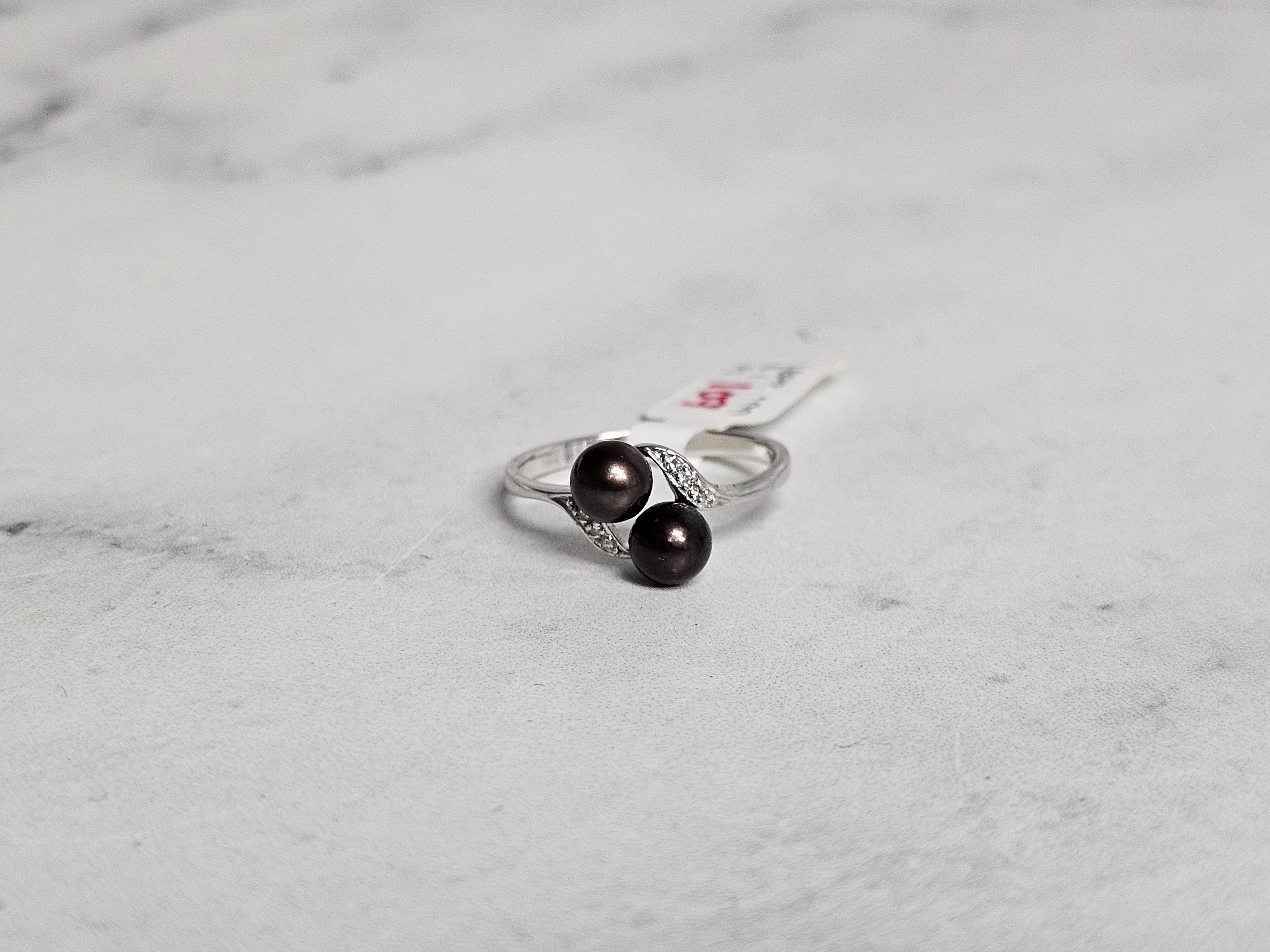 Cultured Black Pearl Diamond Ring 14k White Gold