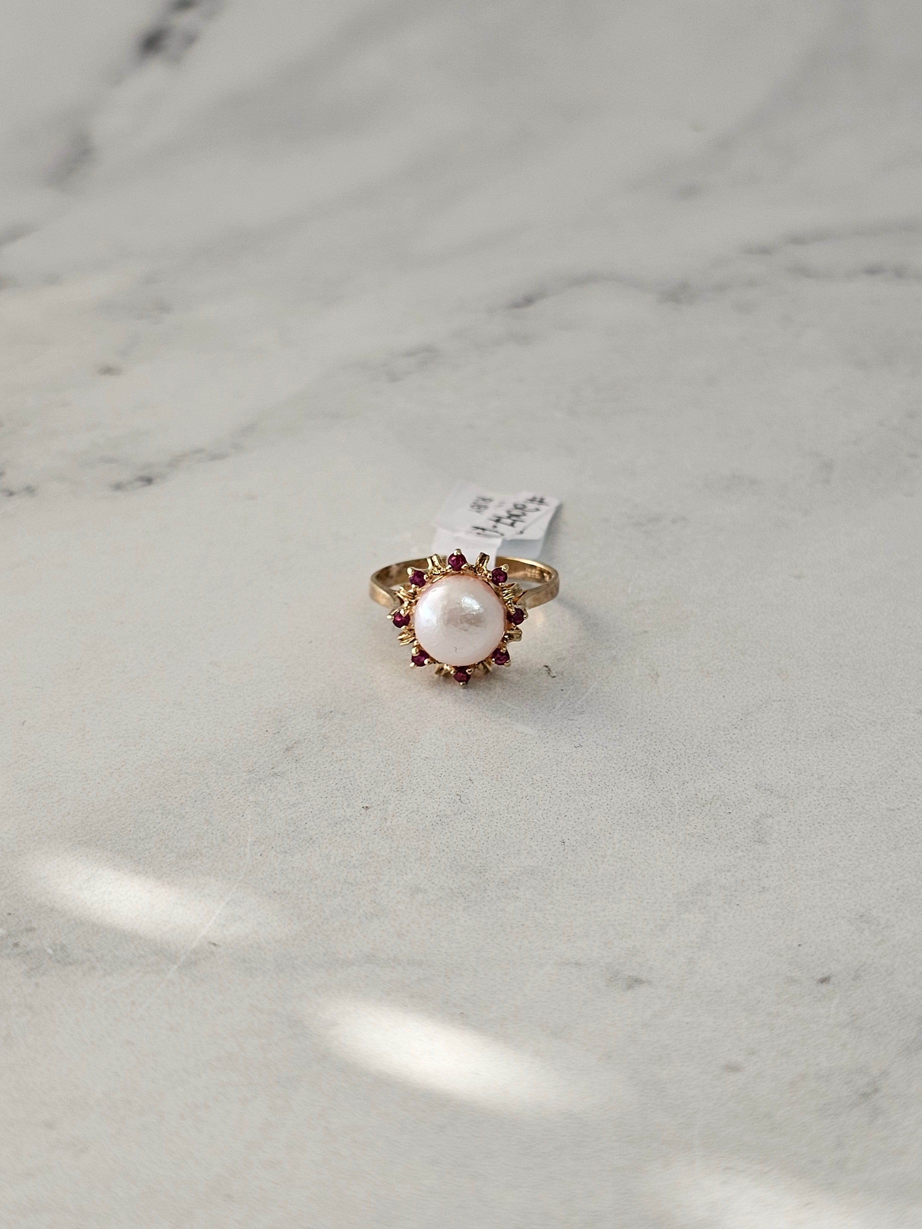 8MM Pearl Ring with Ruby Halo 14k Yellow Gold