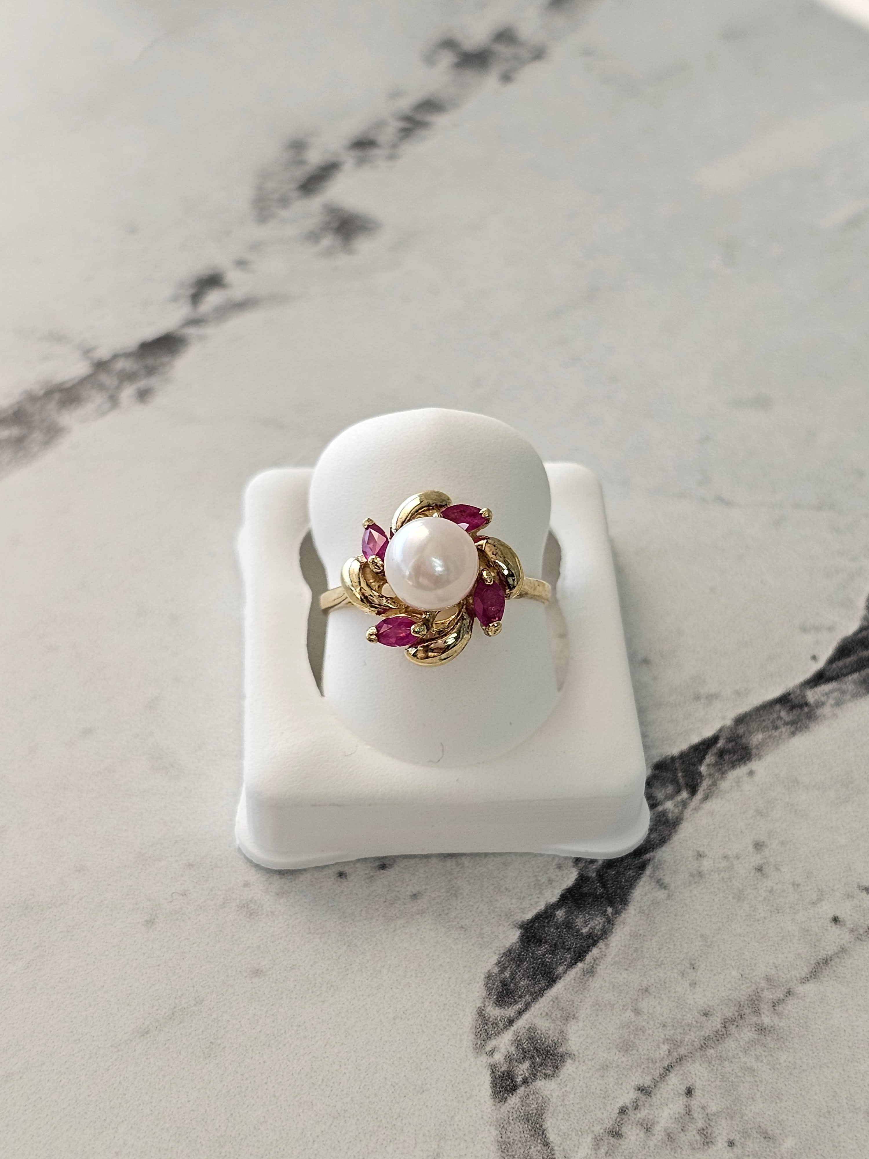 Pearl Center with Marquise Ruby Accent Ring 14k Yellow Gold