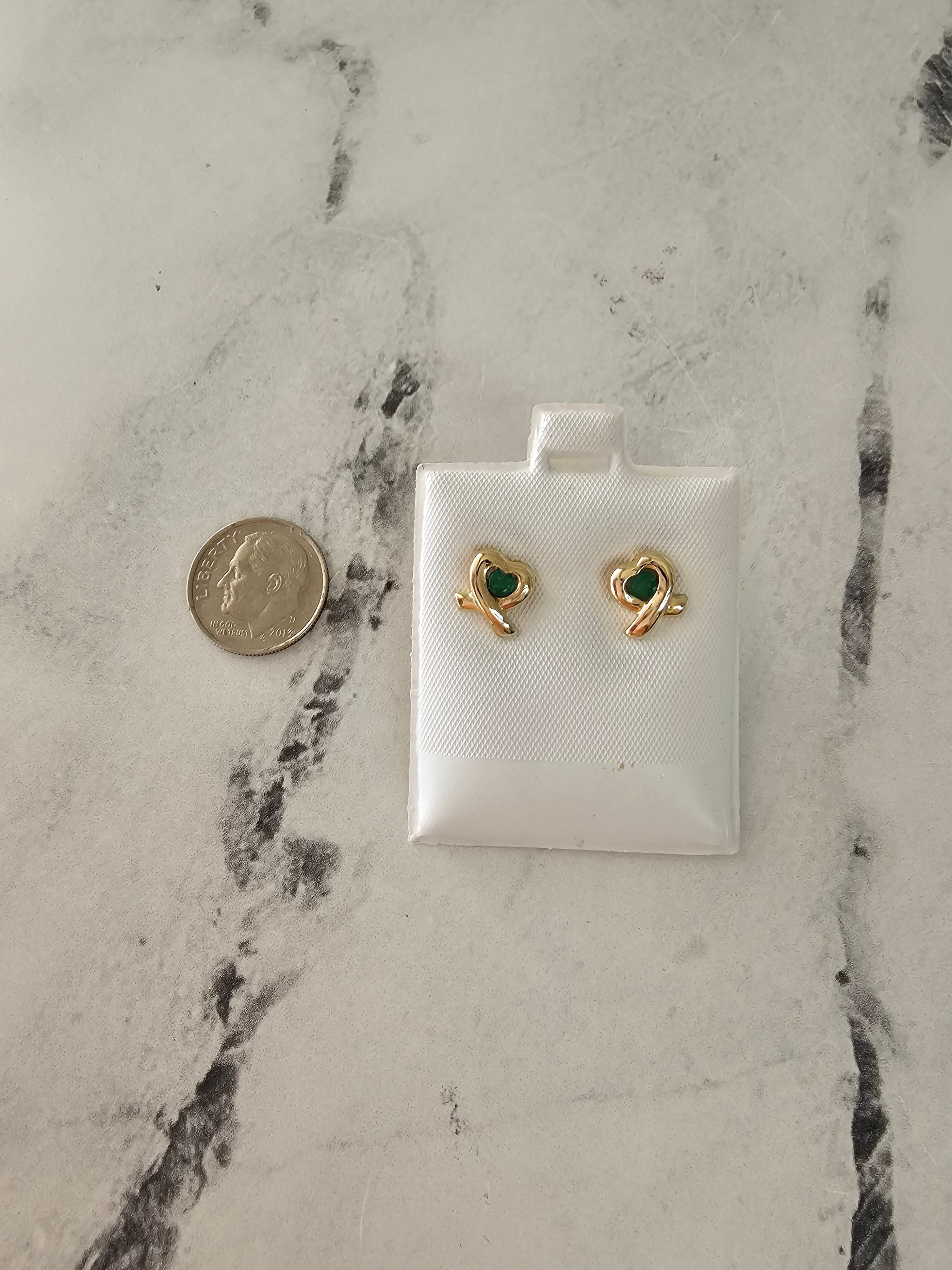 Heart Shaped Emerald Studs 14k Yellow Gold