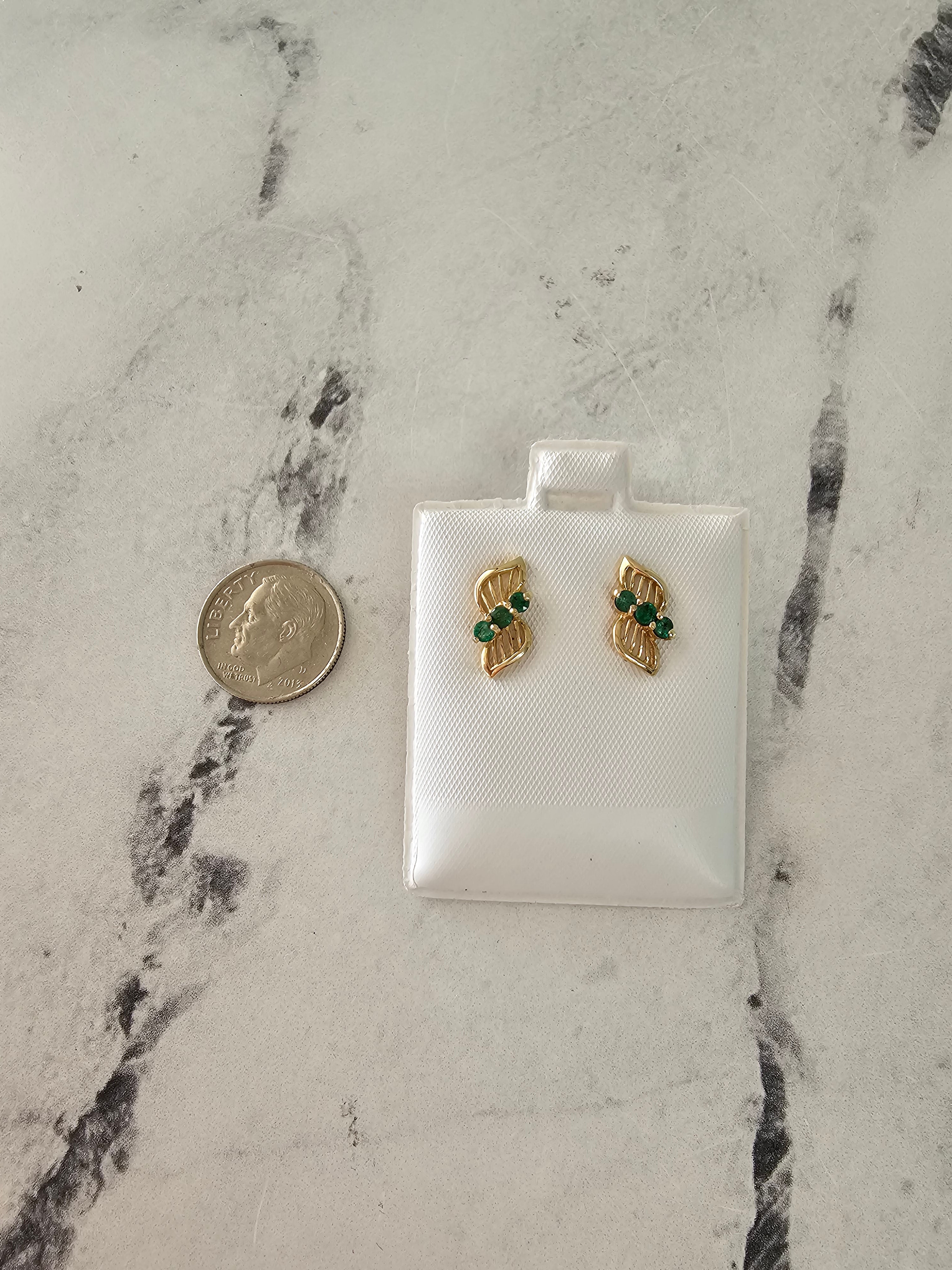 Fan Style Emerald Earrings 14k Yellow Gold