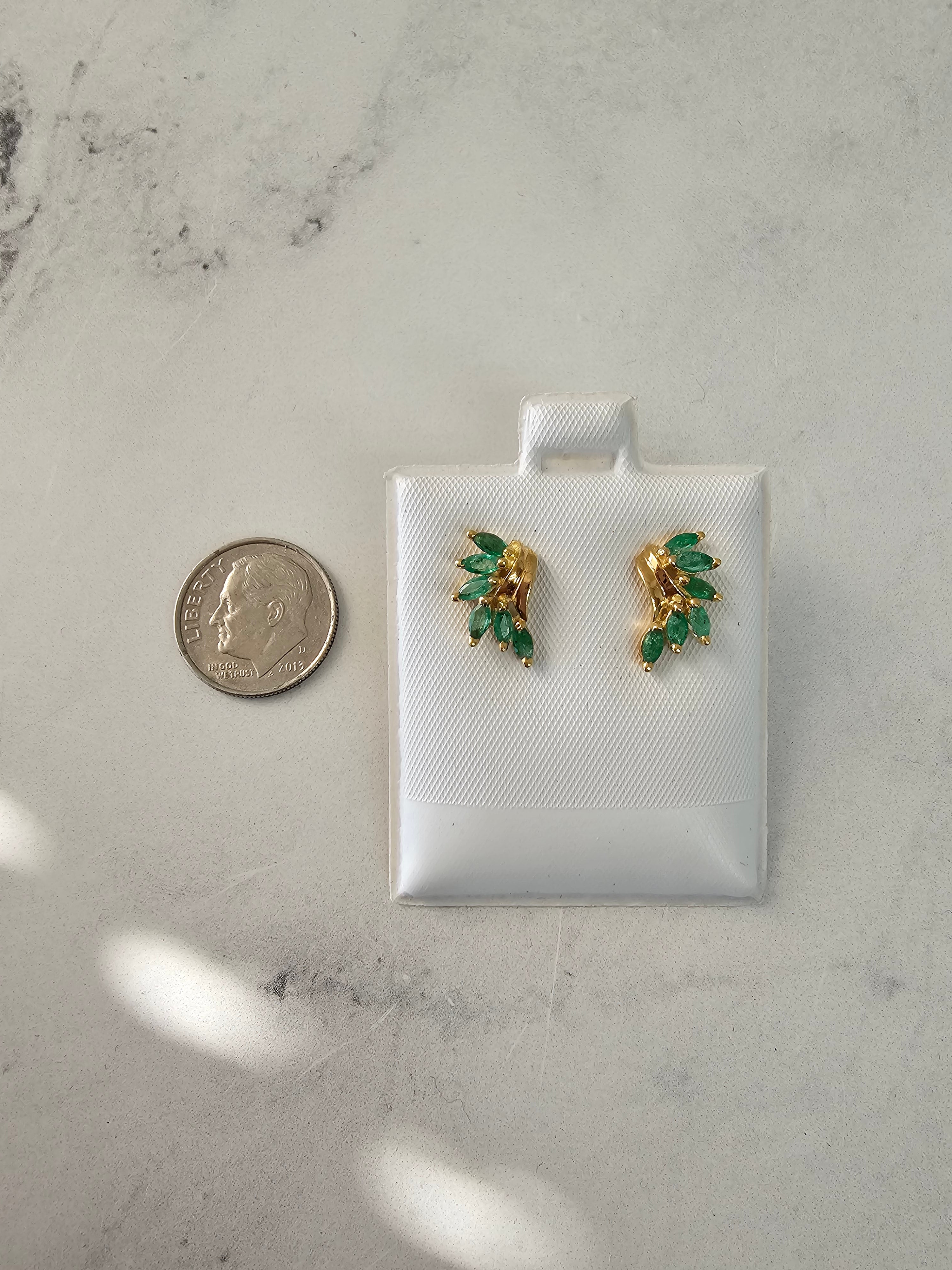 Emerald Marquise Cluster Earrings 14k Yellow Gold