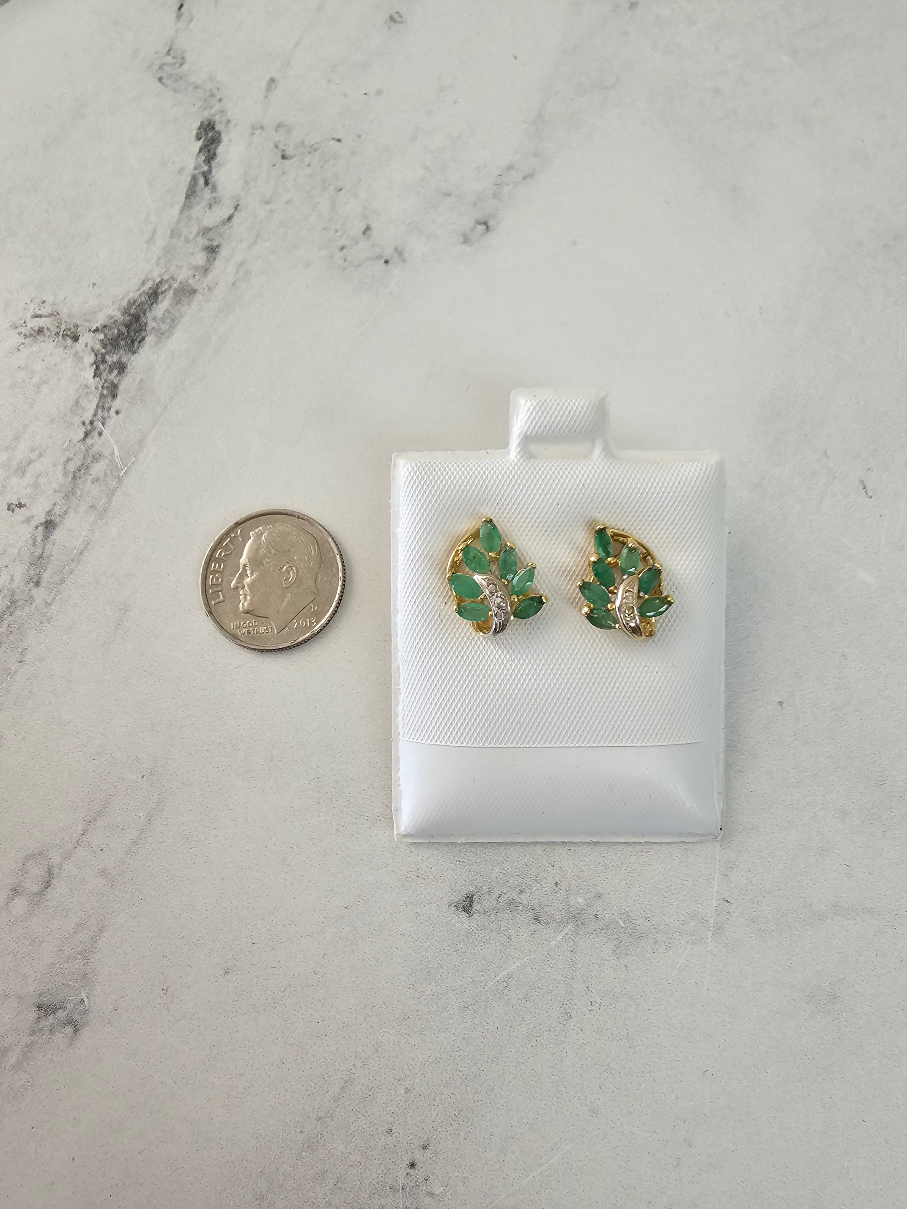 Marquise Emerald Leaf Style Studs with Diamond Pave Accent