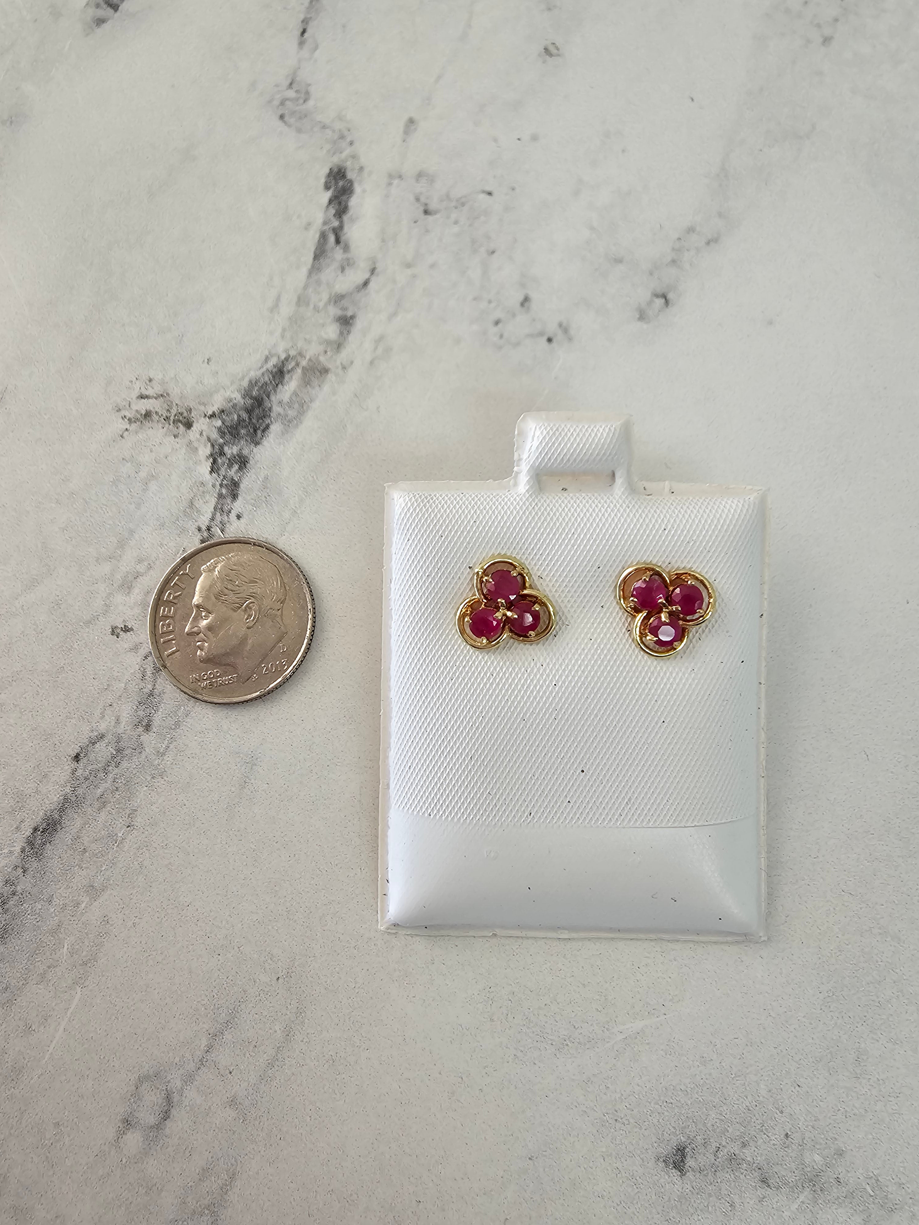 Three Stone Ruby Studs 14k Yellow Gold