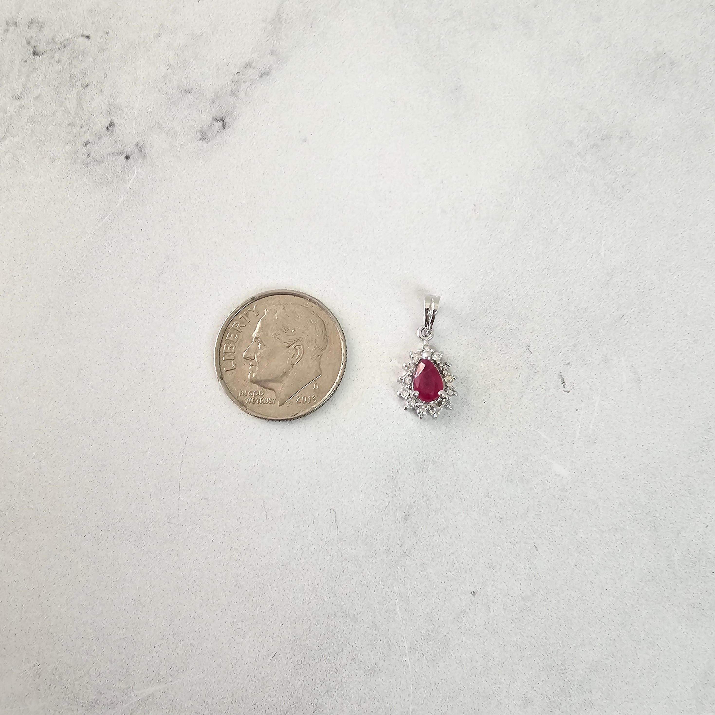 Pear Shaped Ruby Diamond Halo Necklace 14k White Gold