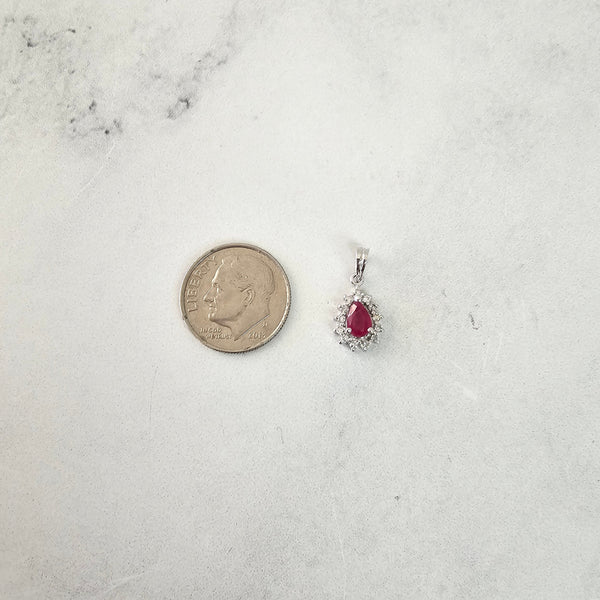 Pear Shaped Ruby Diamond Halo Necklace 14k White Gold