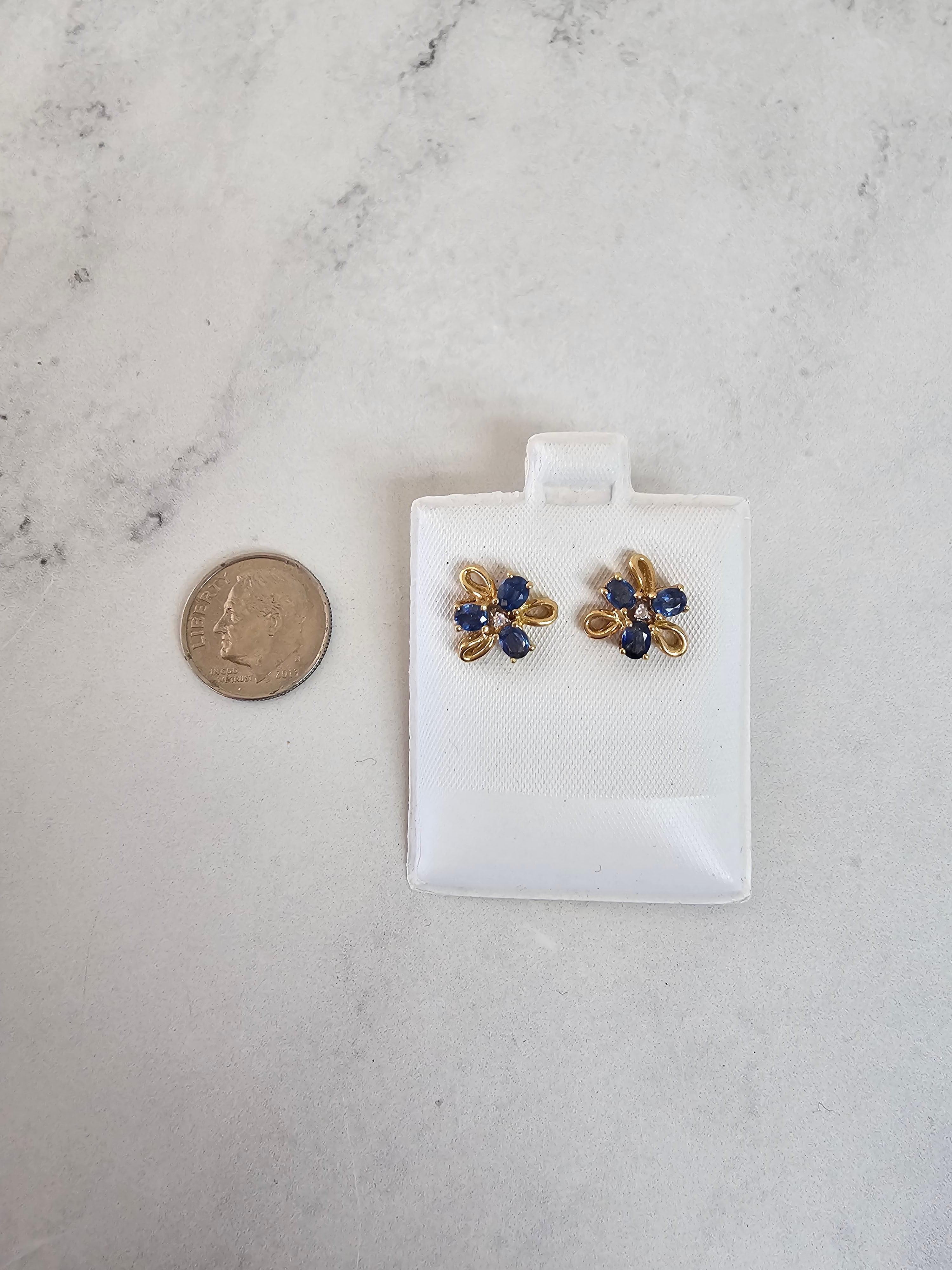 Oval Sapphire Cluster Studs with Gold Accents 14k Yellow Gold