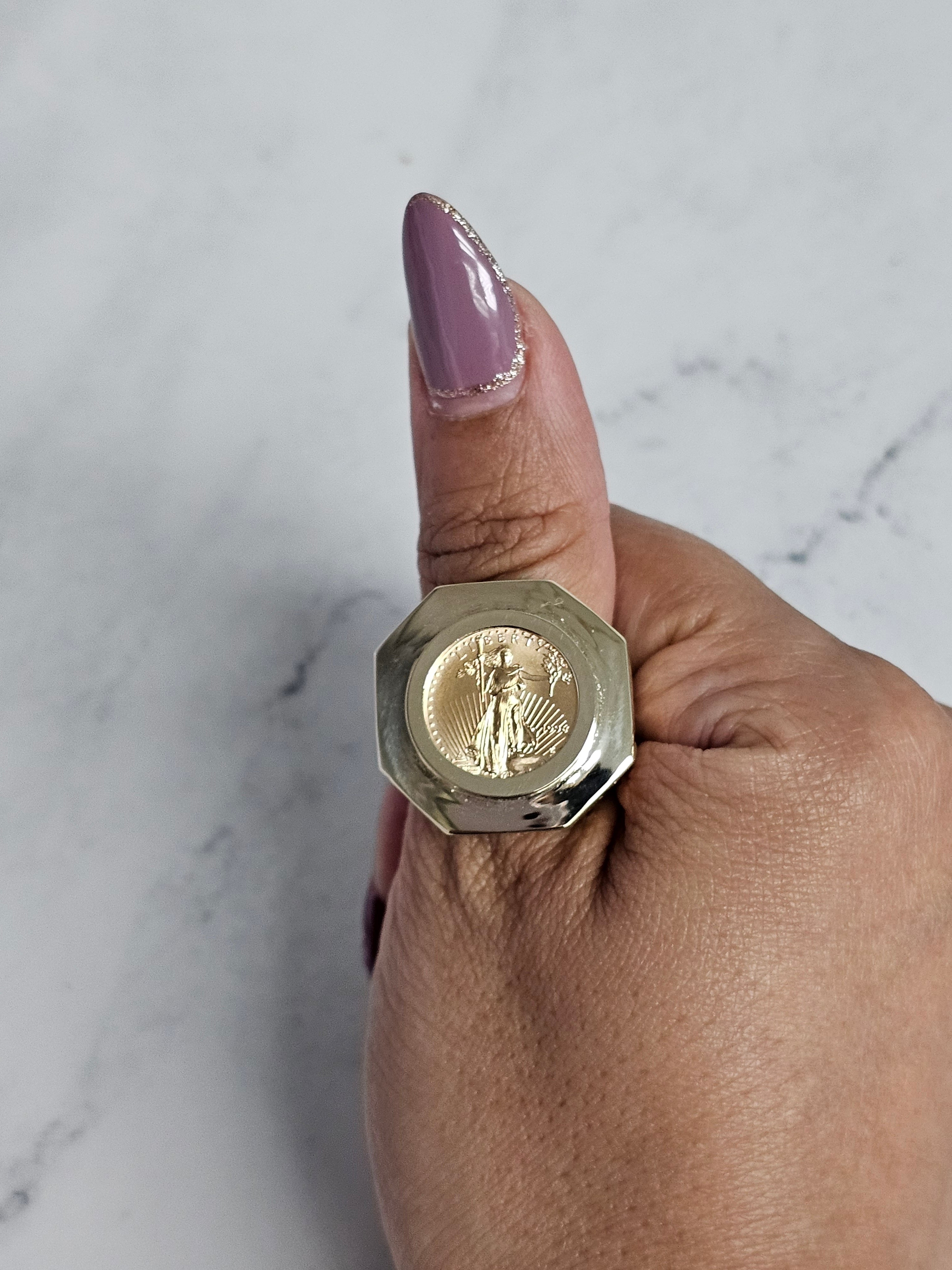 1/10OZ Lady Liberty Coin Ring with Octagon Bezel & Nugget Band