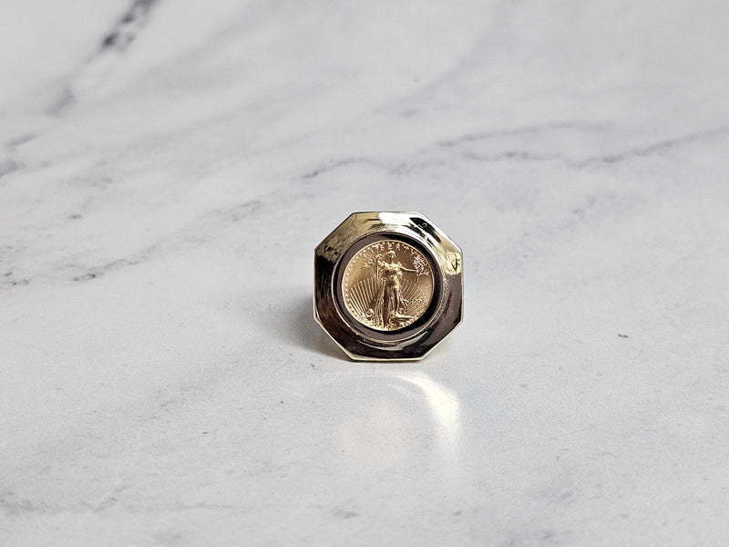 1/10OZ Lady Liberty Coin Ring with Hexagon Bezel & Nugget Band