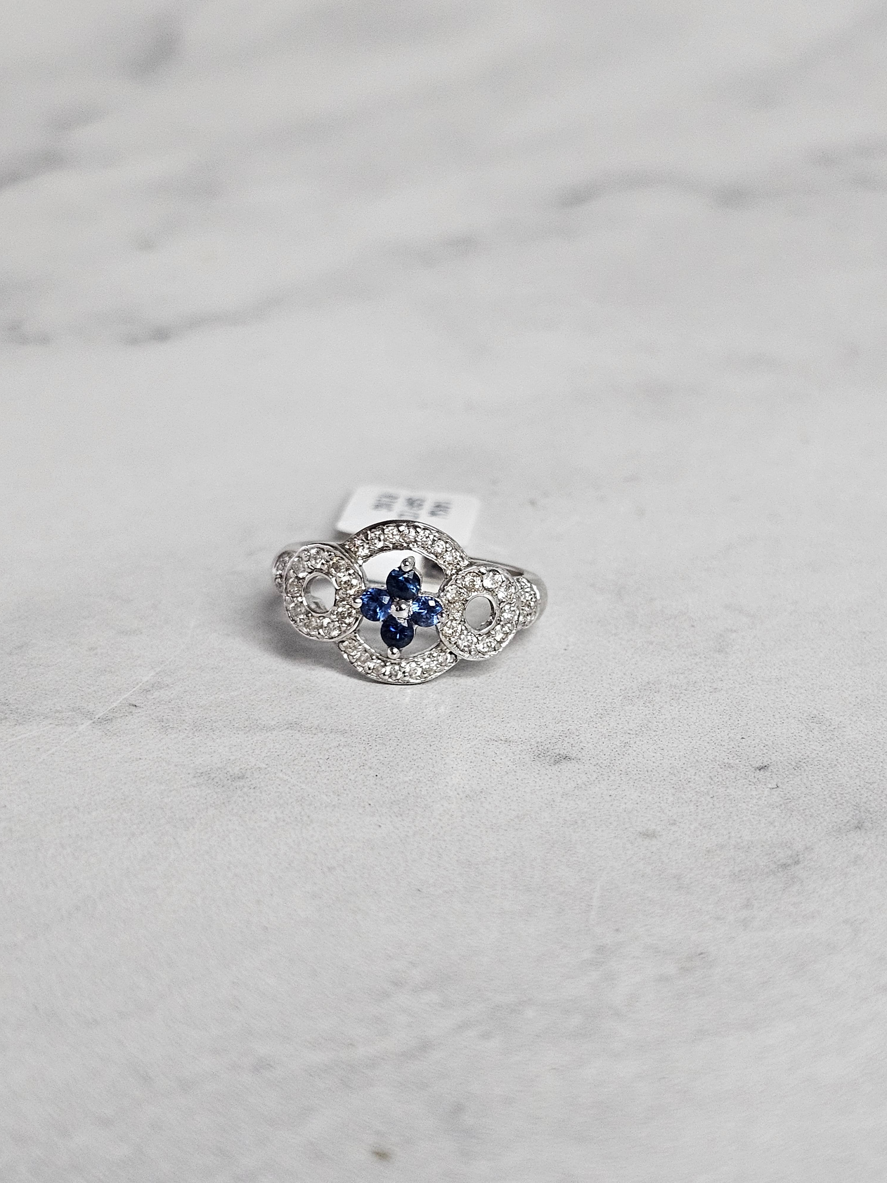 Sapphire Flower with Diamond Accents Vintage Style Design 14k White Gold