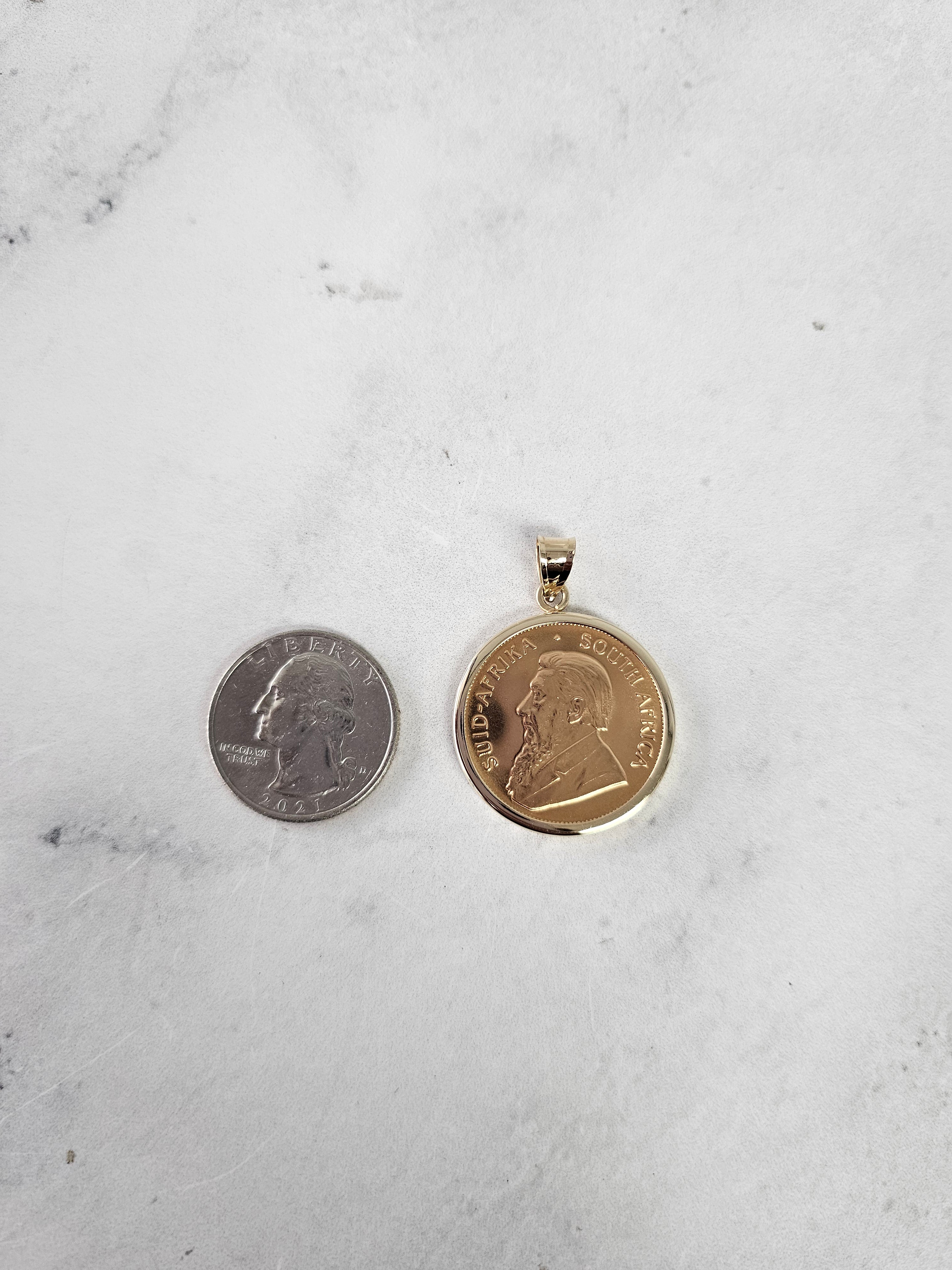 1/2OZ Fine Gold South African Krugerrand Coin Necklace with Polished Halo