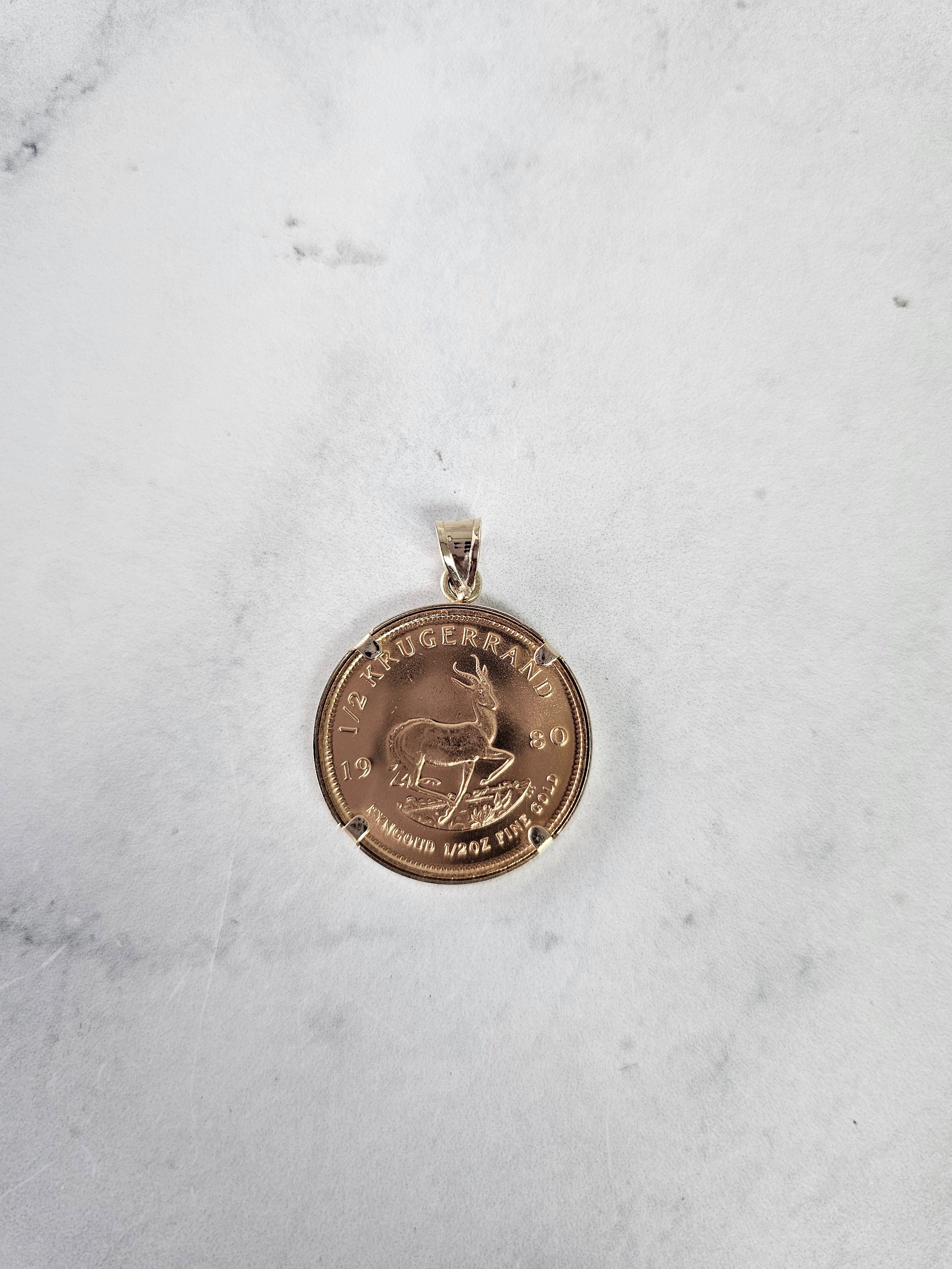 1/2OZ Fine Gold South African Krugerrand Coin Necklace with Polished Halo