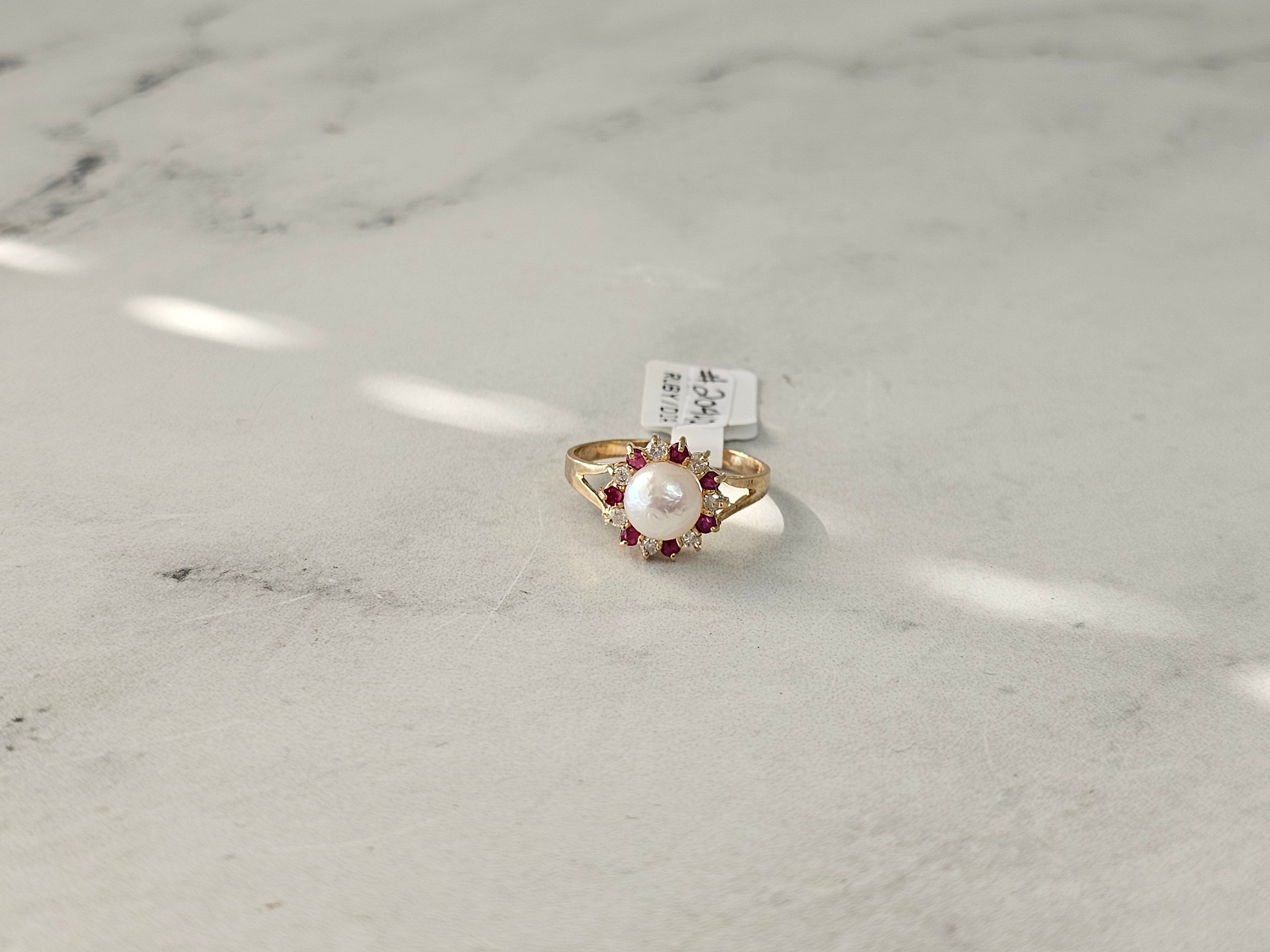 Pearl Ring with Diamond Ruby Halo Ring 14k Yellow Gold